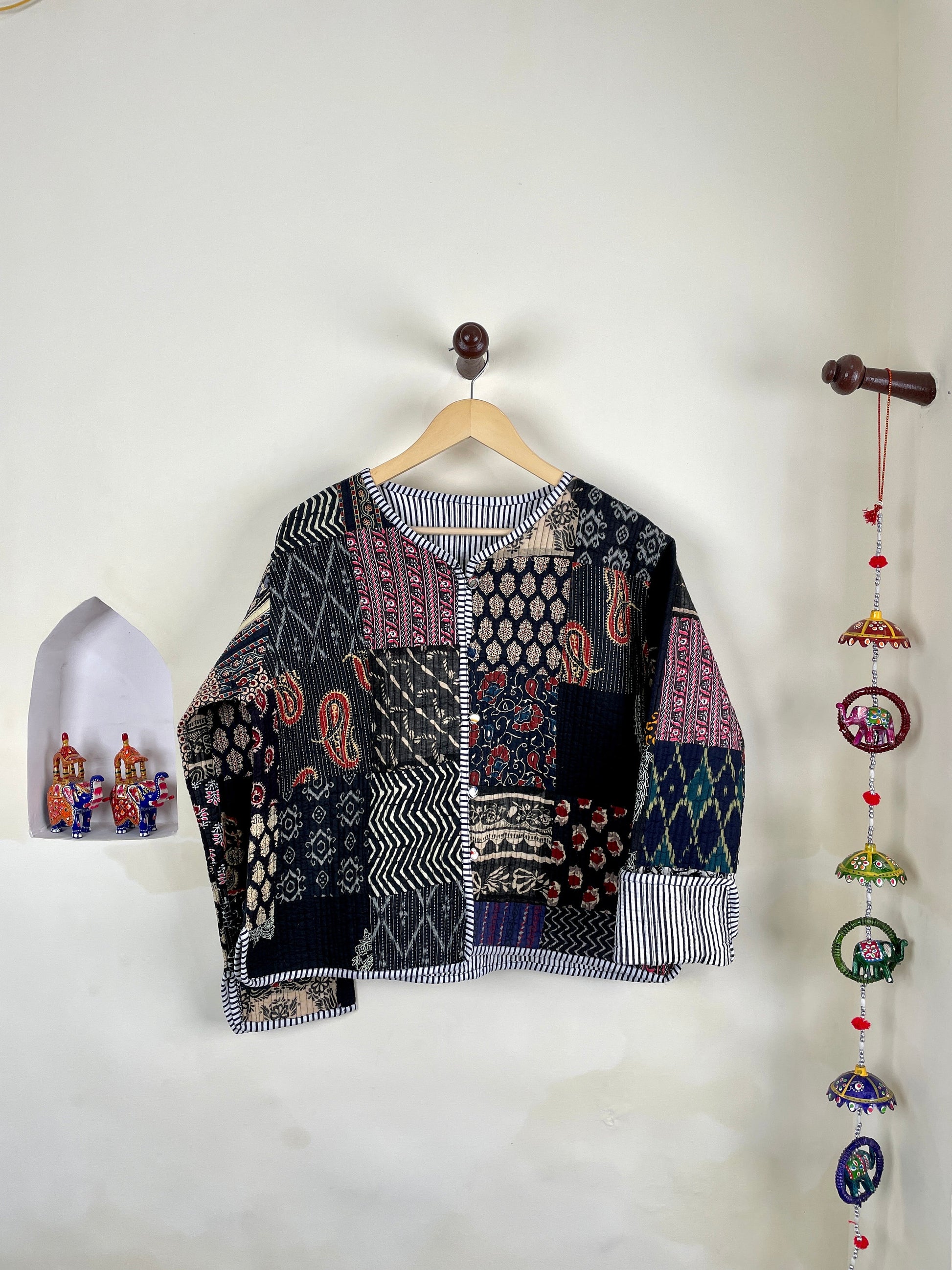 Black Patchwork Quilted Cotton Jackets | Fall Winter Floral Women's Coat | HandBlock Printed Reversible Bohemian Style Quilted Jackets