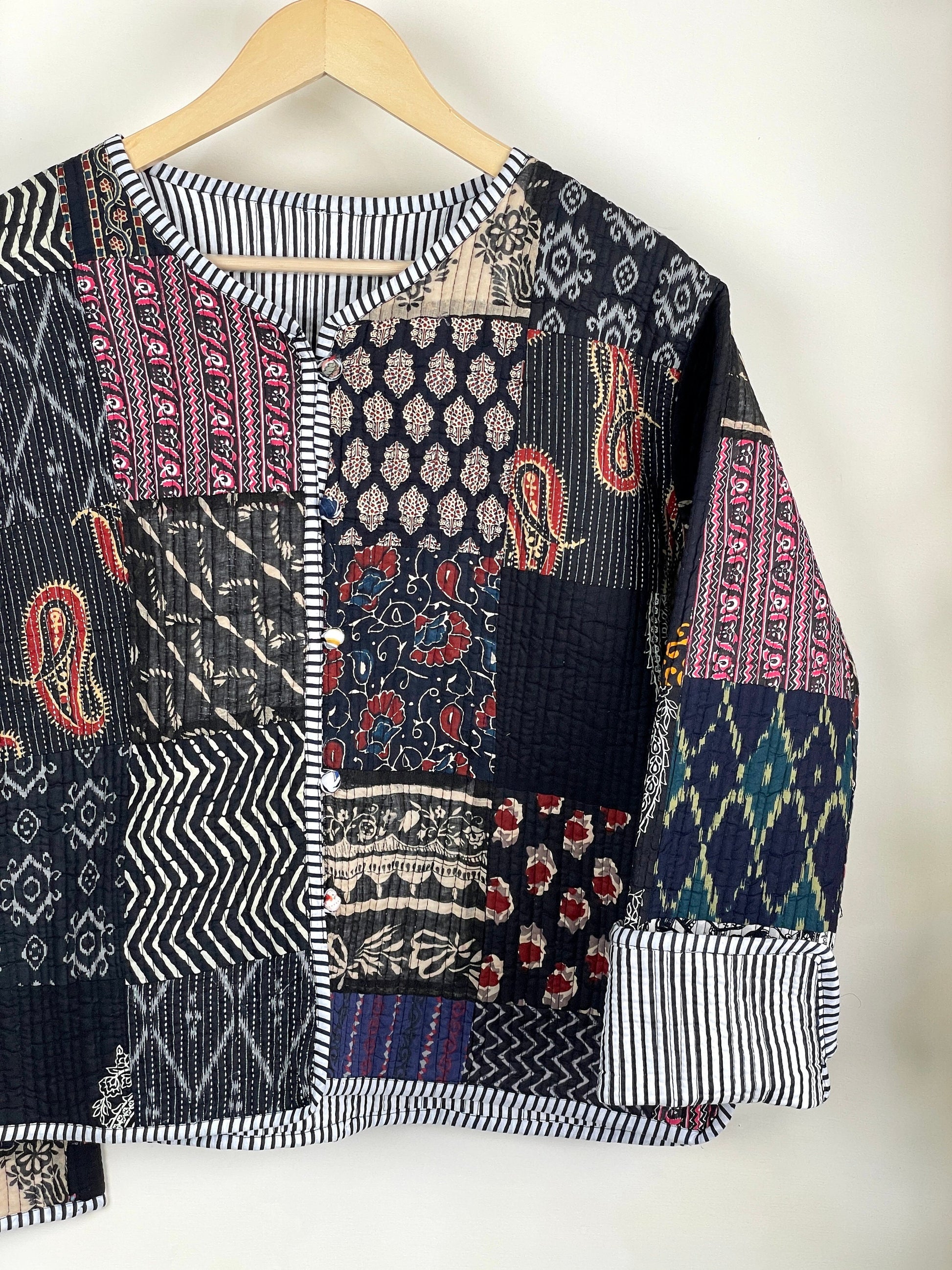 Black Patchwork Quilted Cotton Jackets | Fall Winter Floral Women's Coat | HandBlock Printed Reversible Bohemian Style Quilted Jackets