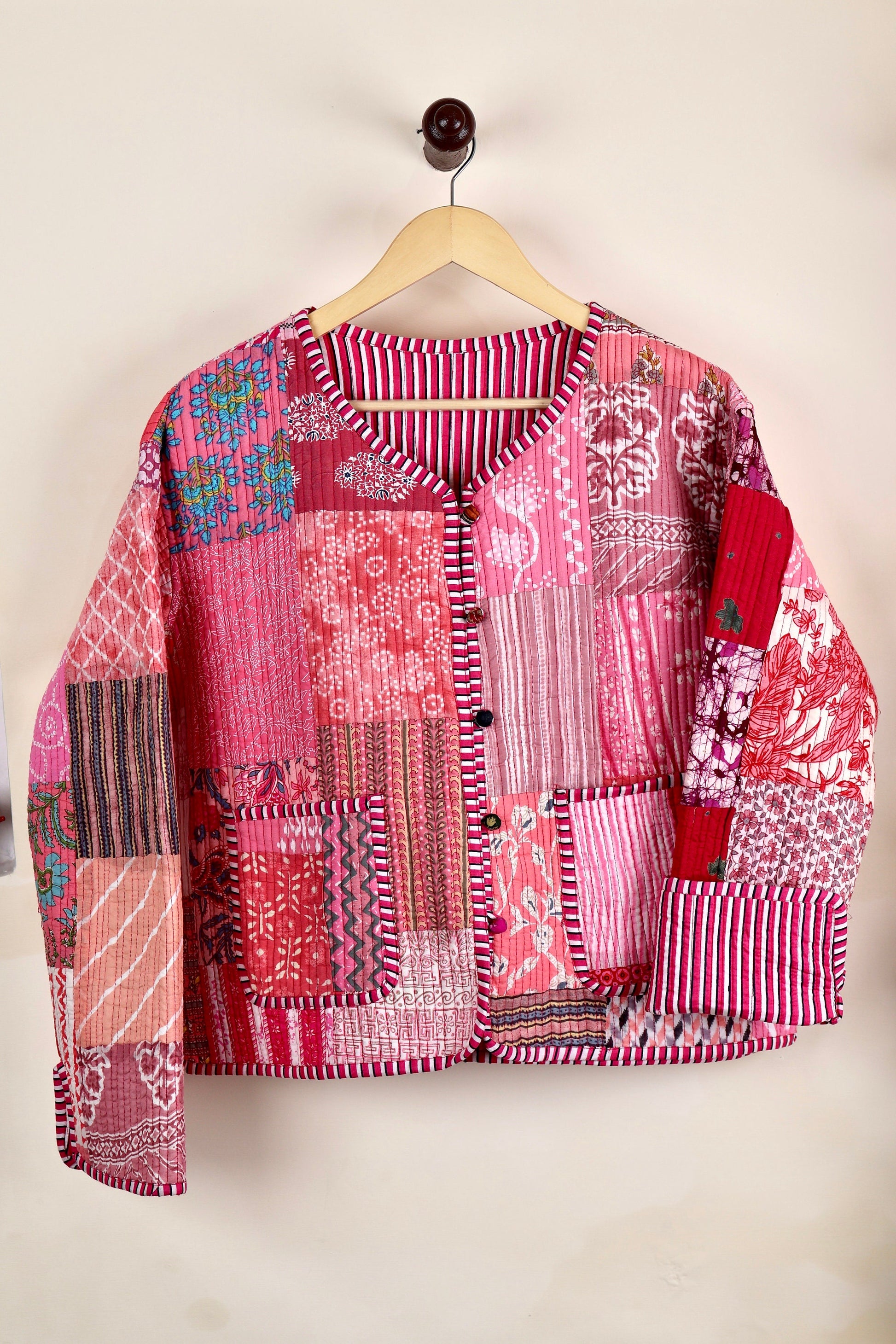 Pink Patchwork Quilted Cotton Jackets | Fall Winter Floral Women's Coat | HandBlock Printed Reversible Bohemian Style Quilted Jackets
