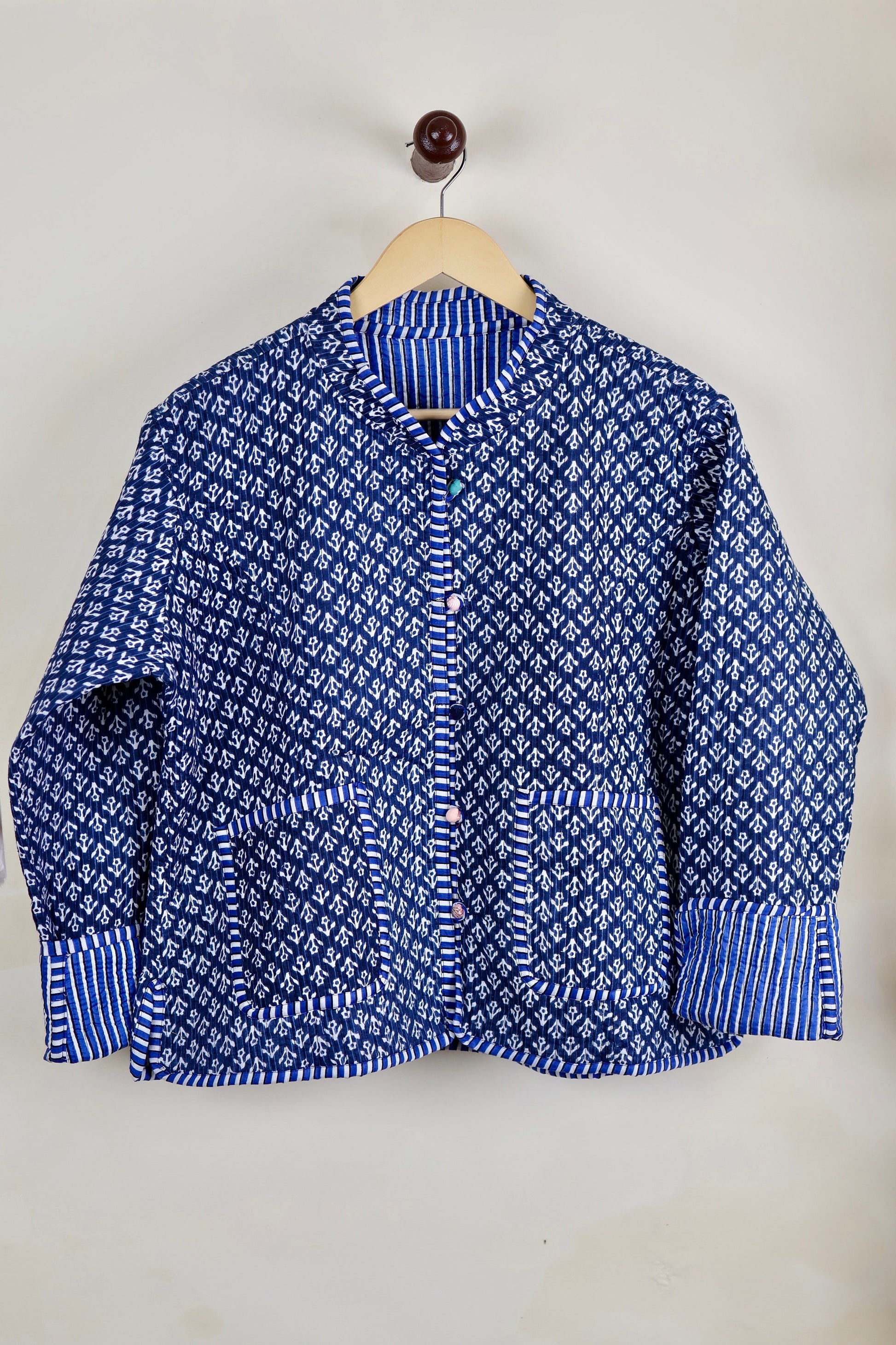 HandBlock Printed Quilted Cotton Jackets | Blue & White Indigo Print Women's Coat | Reversible Bohemian Style Indian Handmade Quilted Jacket