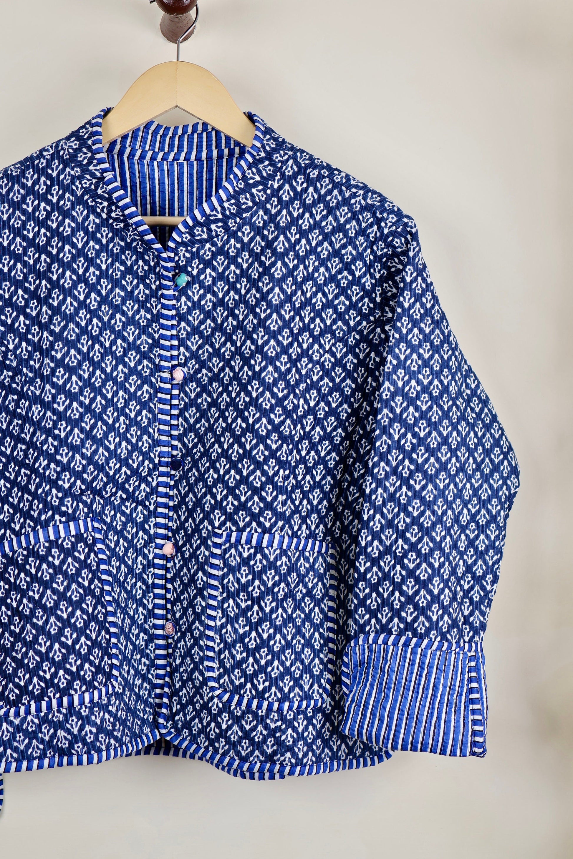 HandBlock Printed Quilted Cotton Jackets | Blue & White Indigo Print Women's Coat | Reversible Bohemian Style Indian Handmade Quilted Jacket