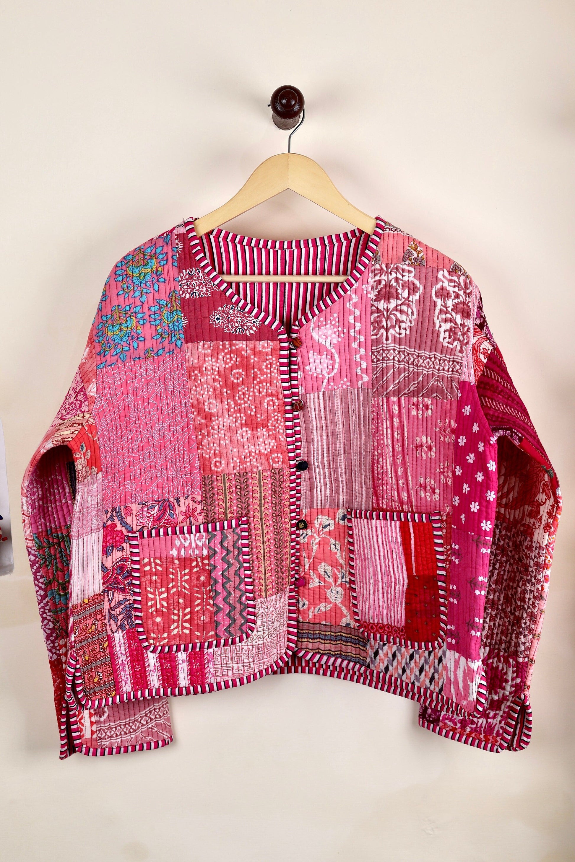 Pink Patchwork Quilted Cotton Jackets | Fall Winter Floral Women's Coat | HandBlock Printed Reversible Bohemian Style Quilted Jackets