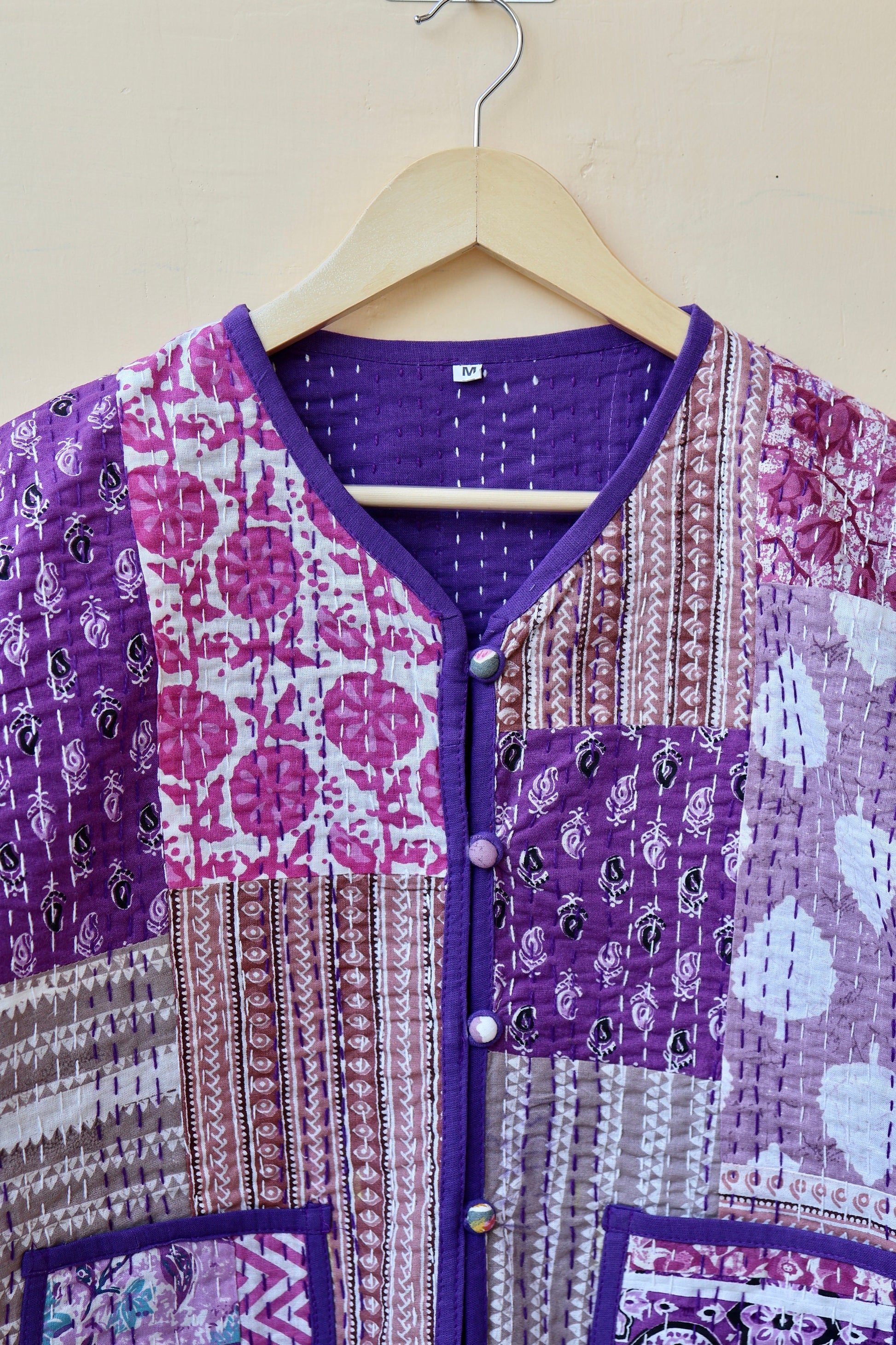 Indian Handmade Purple Kantha Patchwork Quilted Jacket, Stylish Patchwork Women's Coat, Winter Spring Reversible Kantha Jacket for Her