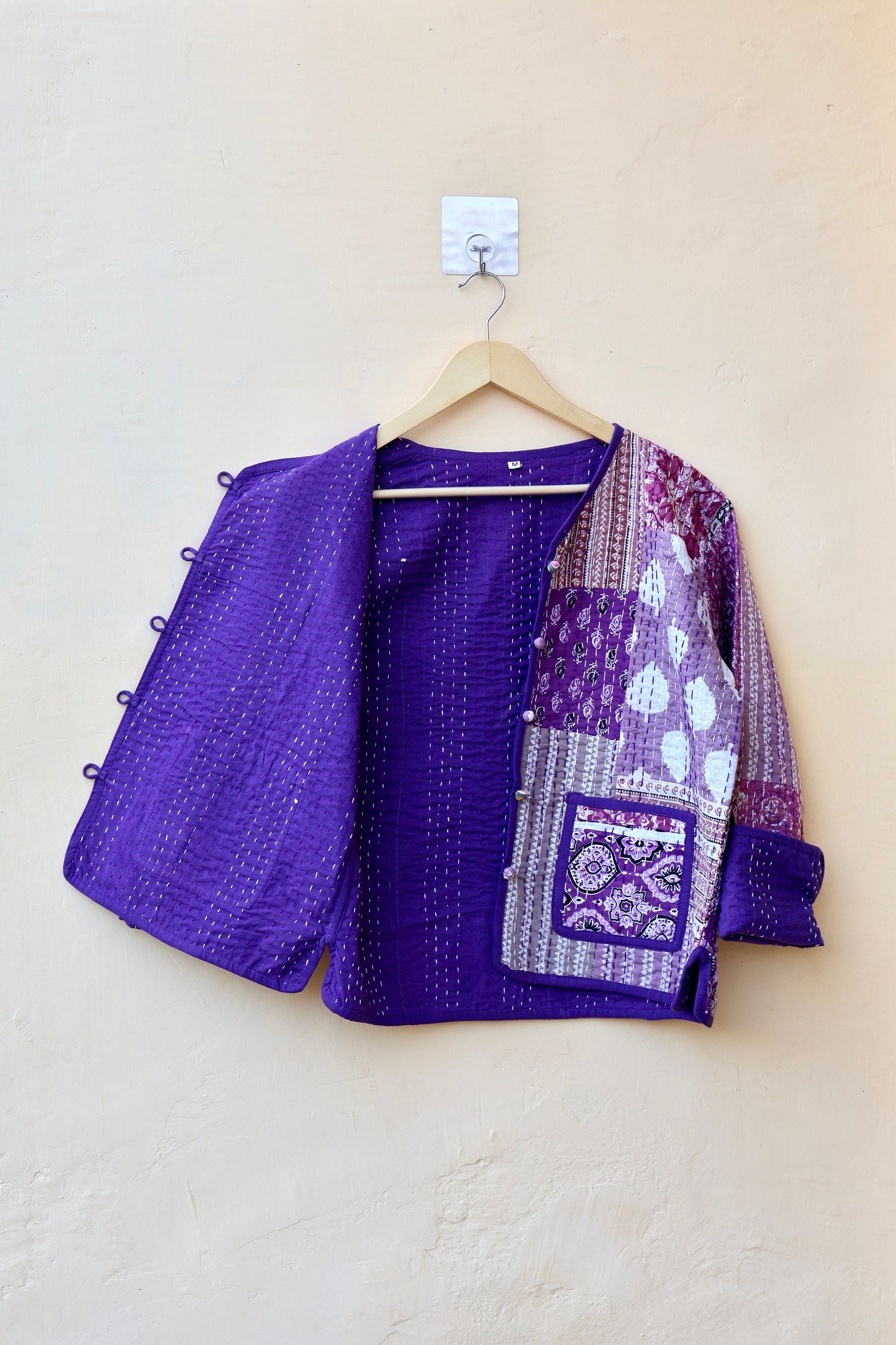 Indian Handmade Purple Kantha Patchwork Quilted Jacket, Stylish Patchwork Women's Coat, Winter Spring Reversible Kantha Jacket for Her