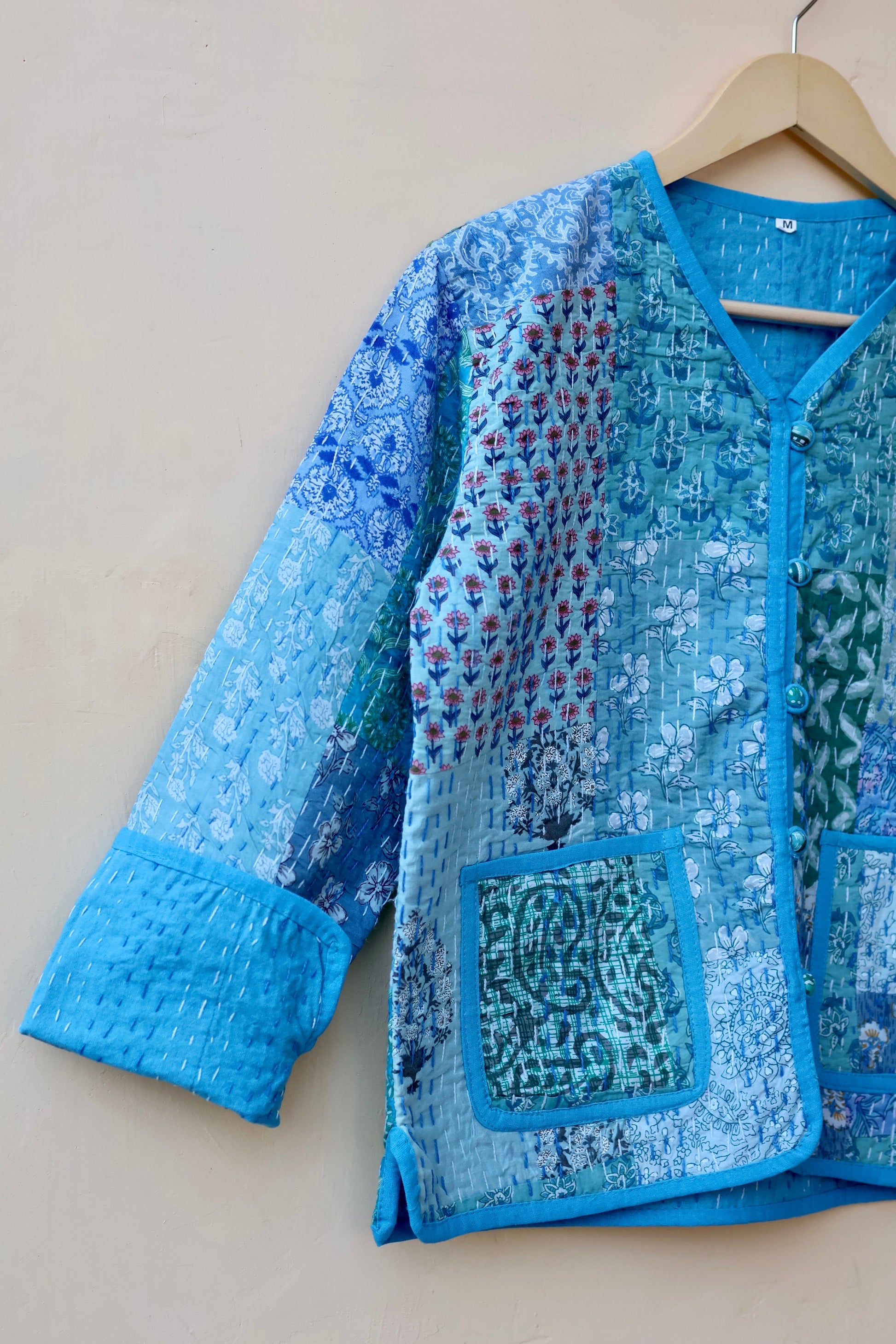 Patchwork Kantha Quilted Jacket, Indian Handmade Stylish Blue Patchwork Women's Coat, Winter Spring Reversible Kantha Jacket for Her
