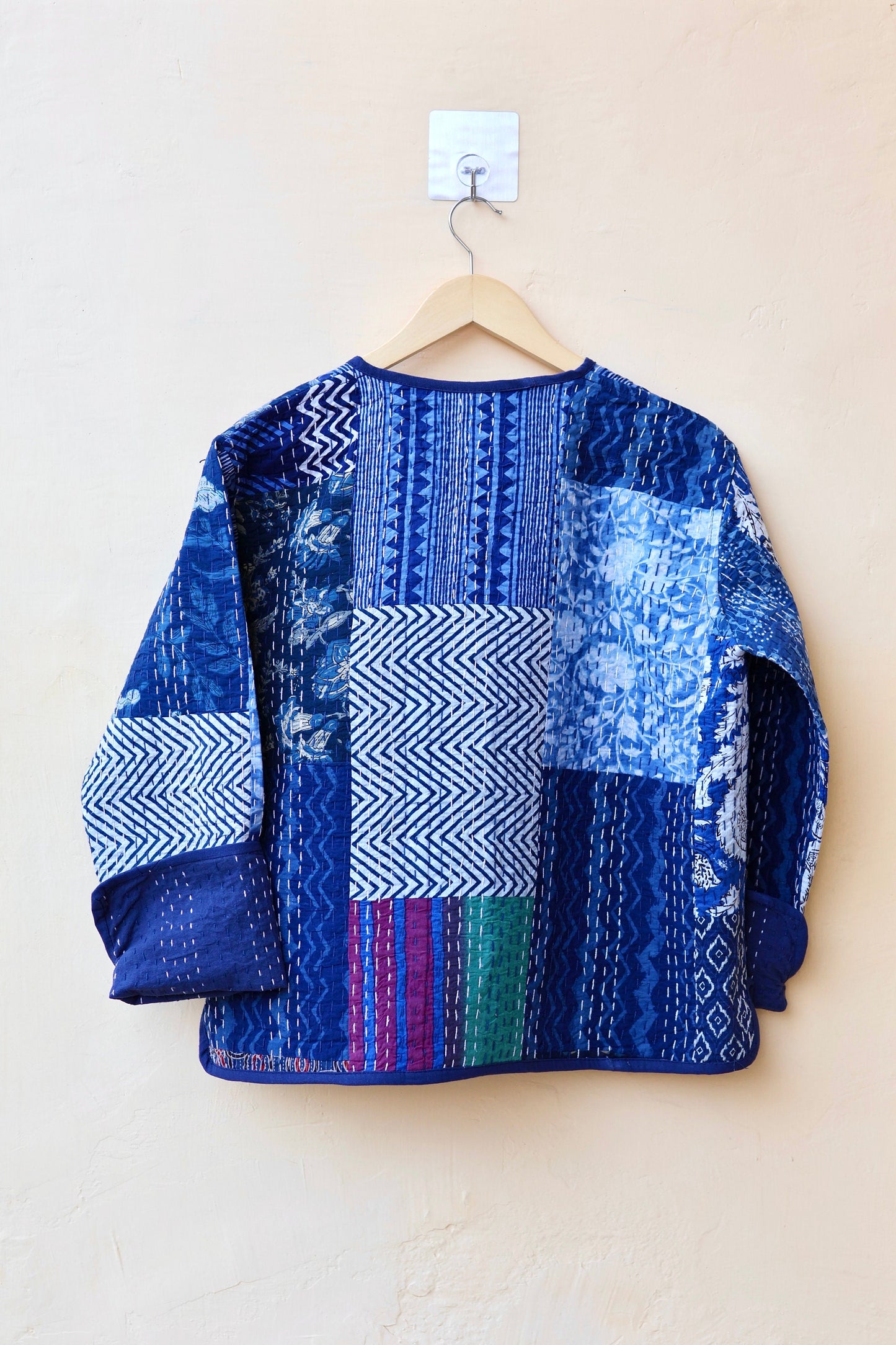Patchwork Kantha Quilted Jacket, Indian Handmade Stylish Blue Patchwork Women's Coat, Winter Spring Reversible Kantha Jacket for Her