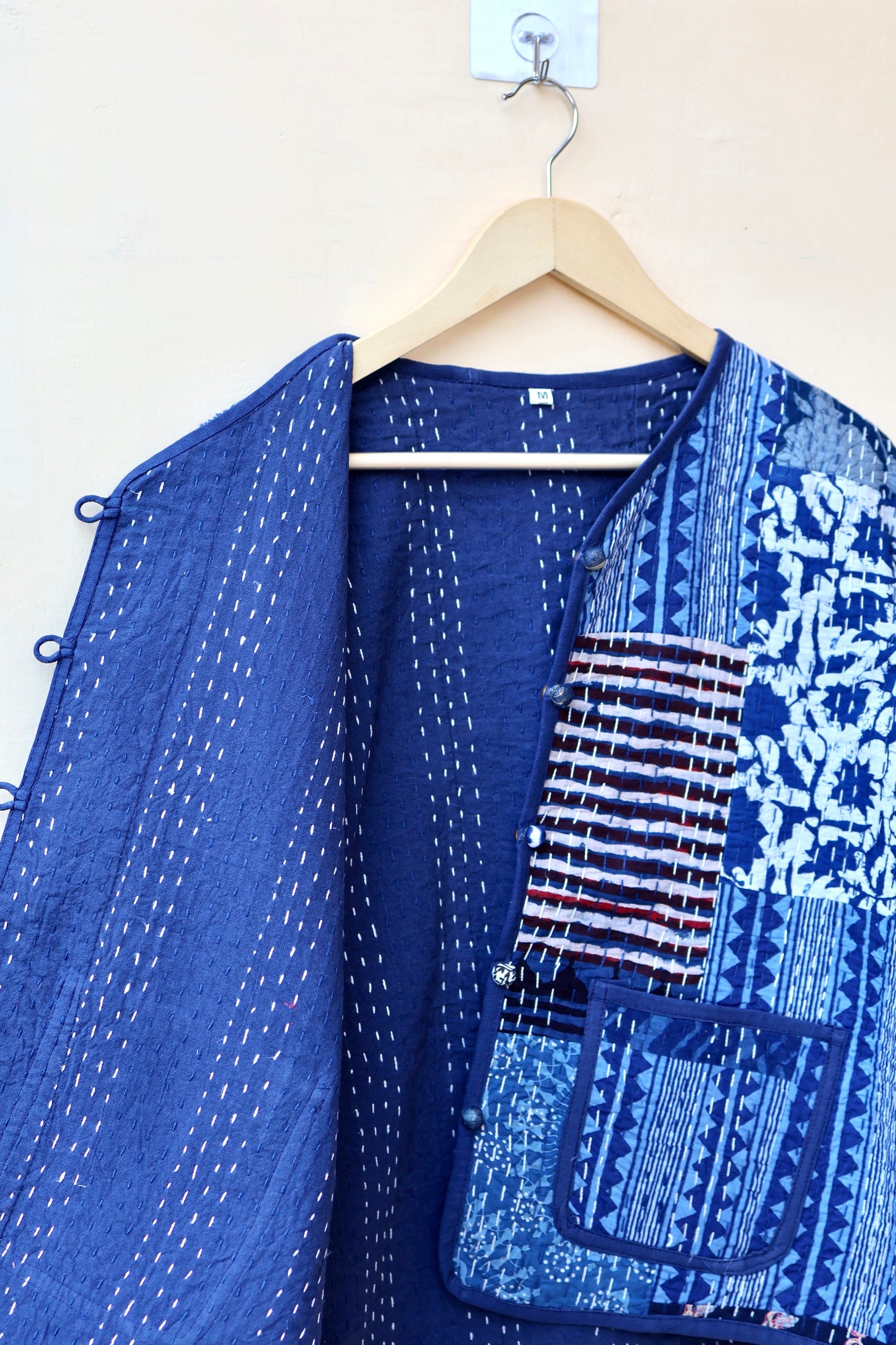 Patchwork Kantha Quilted Jacket, Indian Handmade Stylish Blue Patchwork Women's Coat, Winter Spring Reversible Kantha Jacket for Her