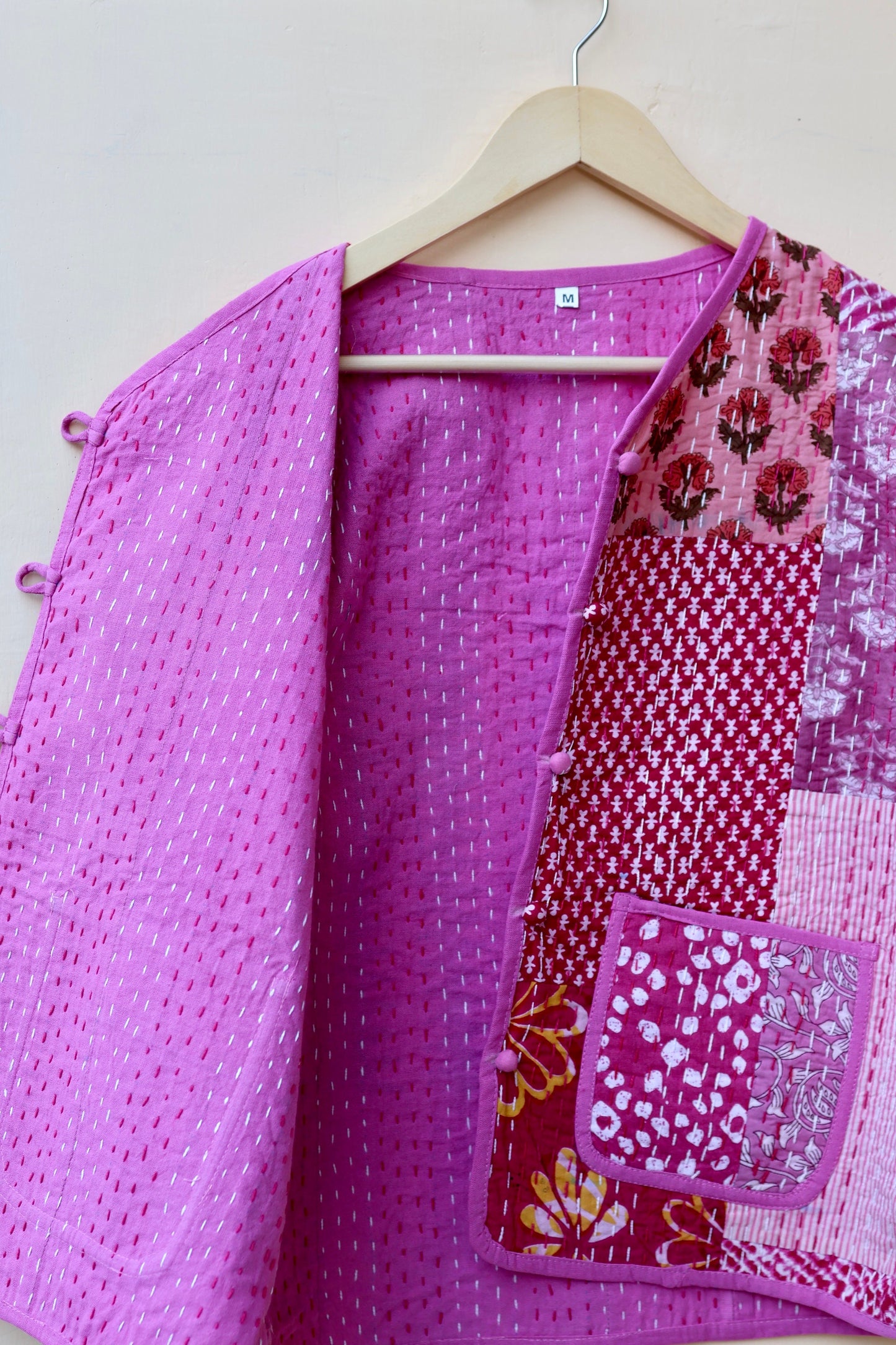 Pink Patchwork Kantha Quilted Jacket, Indian Handmade Stylish Patchwork Women's Coat, Winter Spring Reversible Kantha Jacket for Her