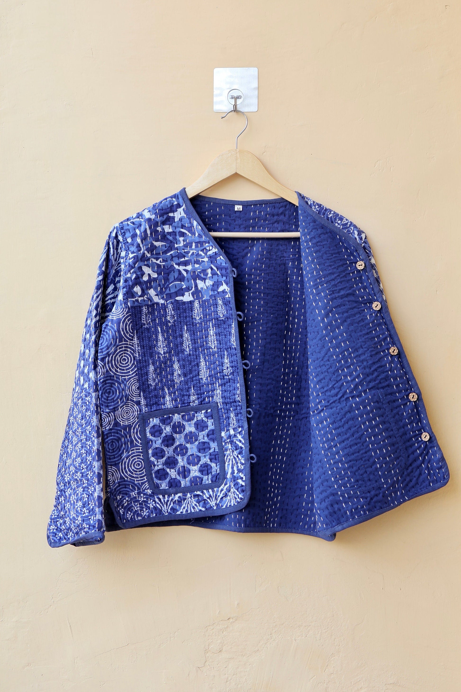 Indigo Patchwork Kantha Quilted Jacket, Indian Handmade Stylish Blue Patchwork Women's Coat, Winter Spring Reversible Kantha Jacket for Her