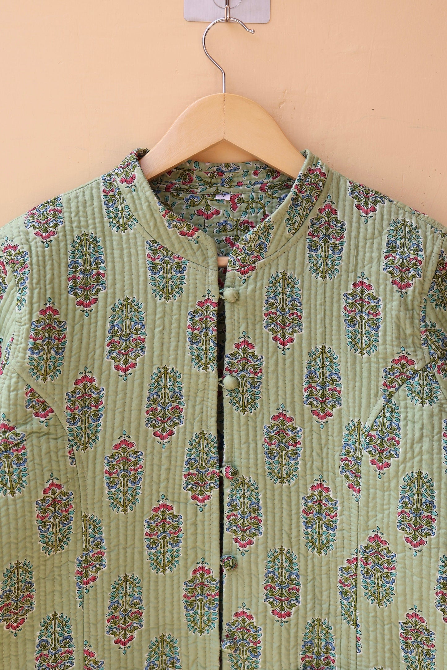 Indian Handmade Quilted Cotton Kantha Jacket Stylish Green Floral Women's Coat, Reversible Waistcoat for Her