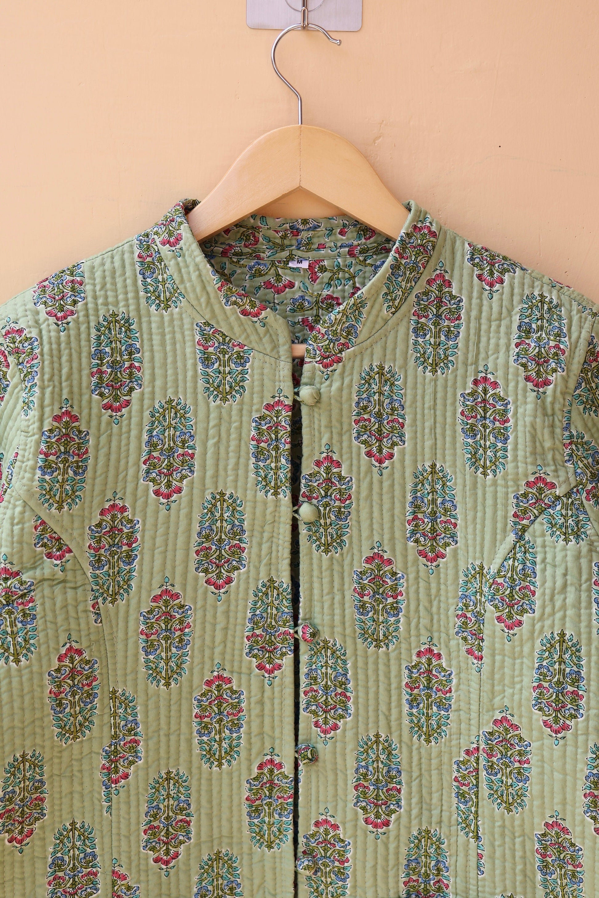 Indian Handmade Quilted Cotton Kantha Jacket Stylish Green Floral Women's Coat, Reversible Waistcoat for Her