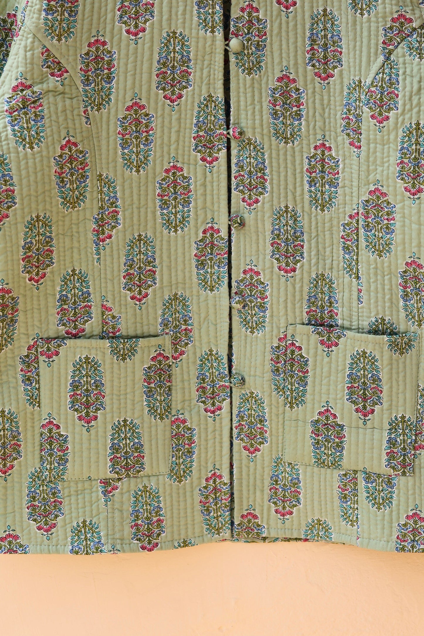 Indian Handmade Quilted Cotton Kantha Jacket Stylish Green Floral Women's Coat, Reversible Waistcoat for Her