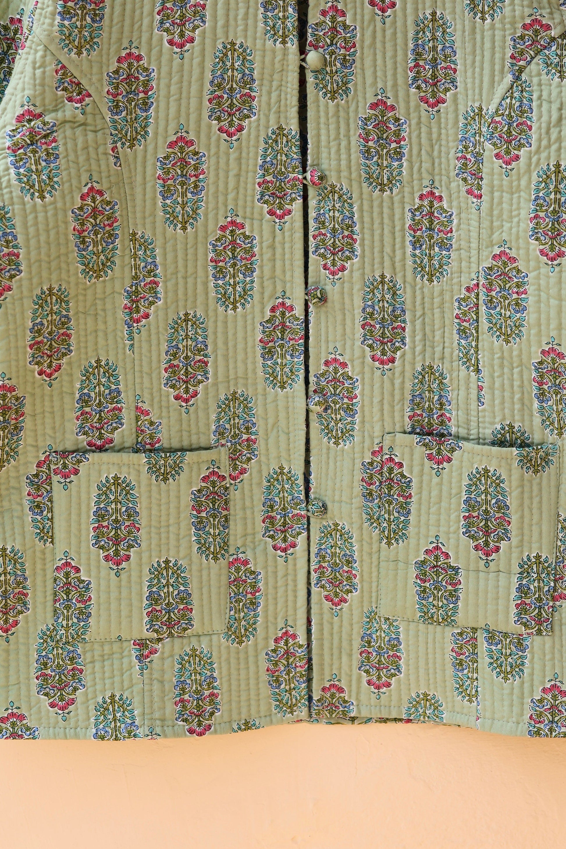 Indian Handmade Quilted Cotton Kantha Jacket Stylish Green Floral Women's Coat, Reversible Waistcoat for Her