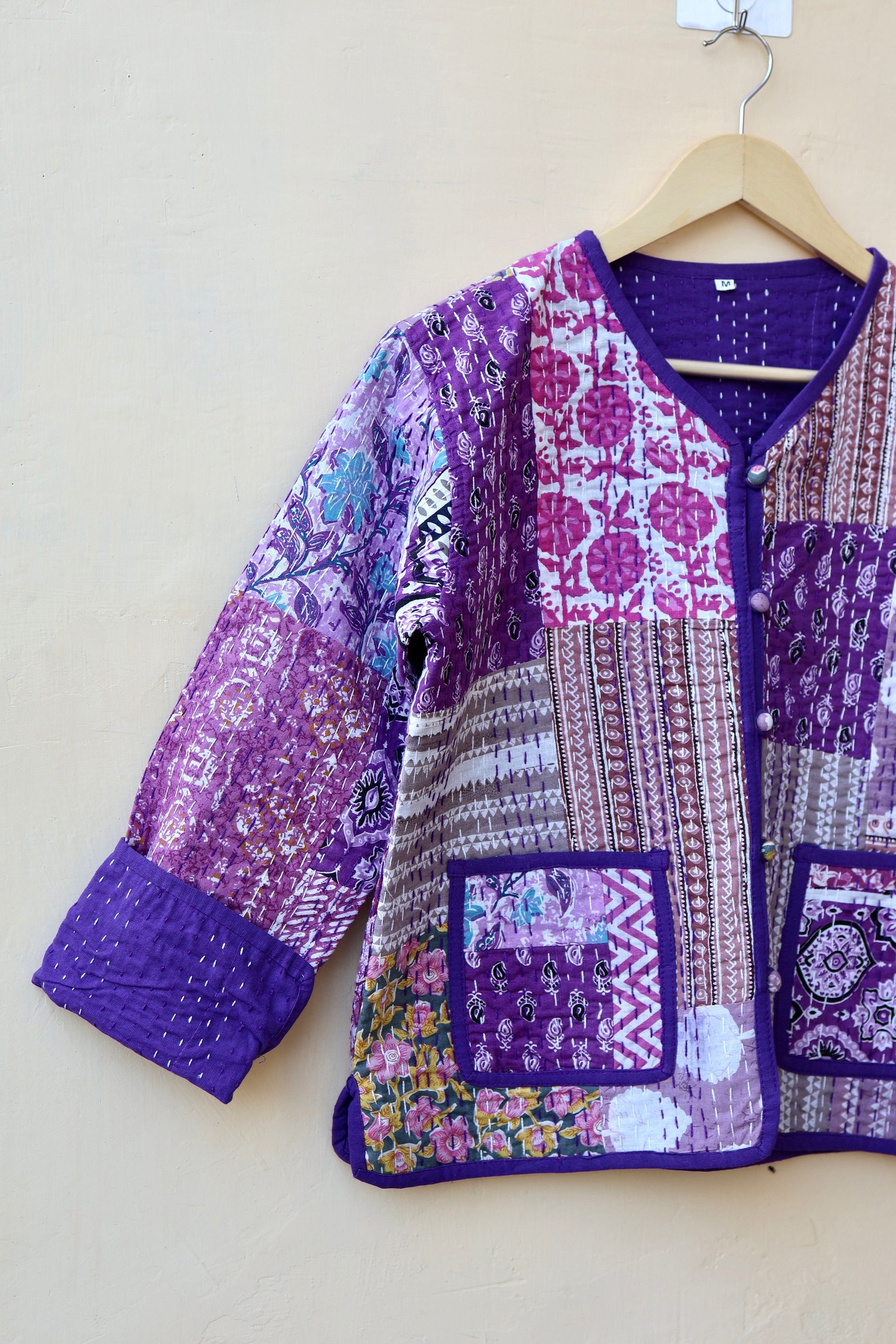Indian Handmade Purple Kantha Patchwork Quilted Jacket, Stylish Patchwork Women's Coat, Winter Spring Reversible Kantha Jacket for Her