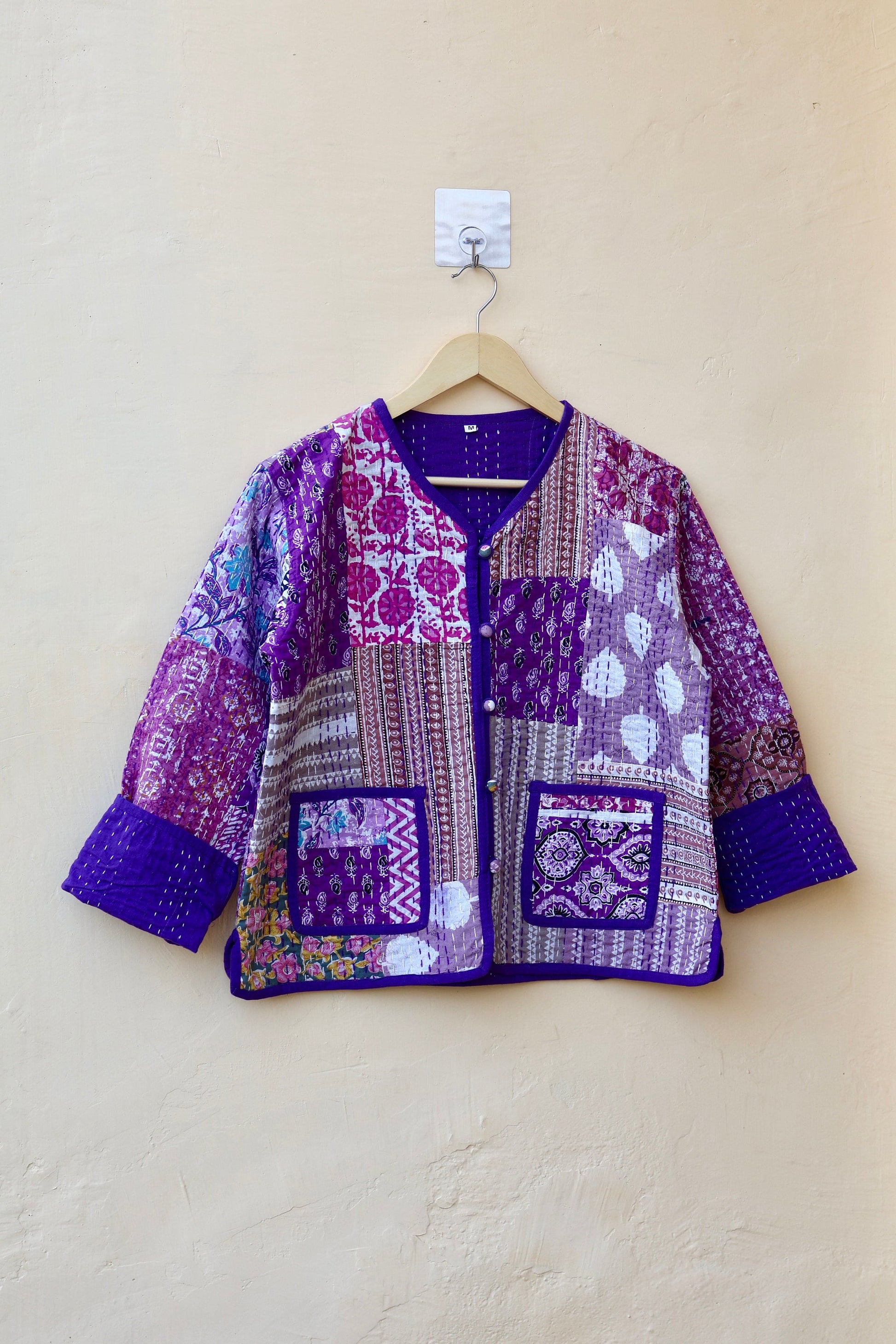 Indian Handmade Purple Kantha Patchwork Quilted Jacket, Stylish Patchwork Women's Coat, Winter Spring Reversible Kantha Jacket for Her