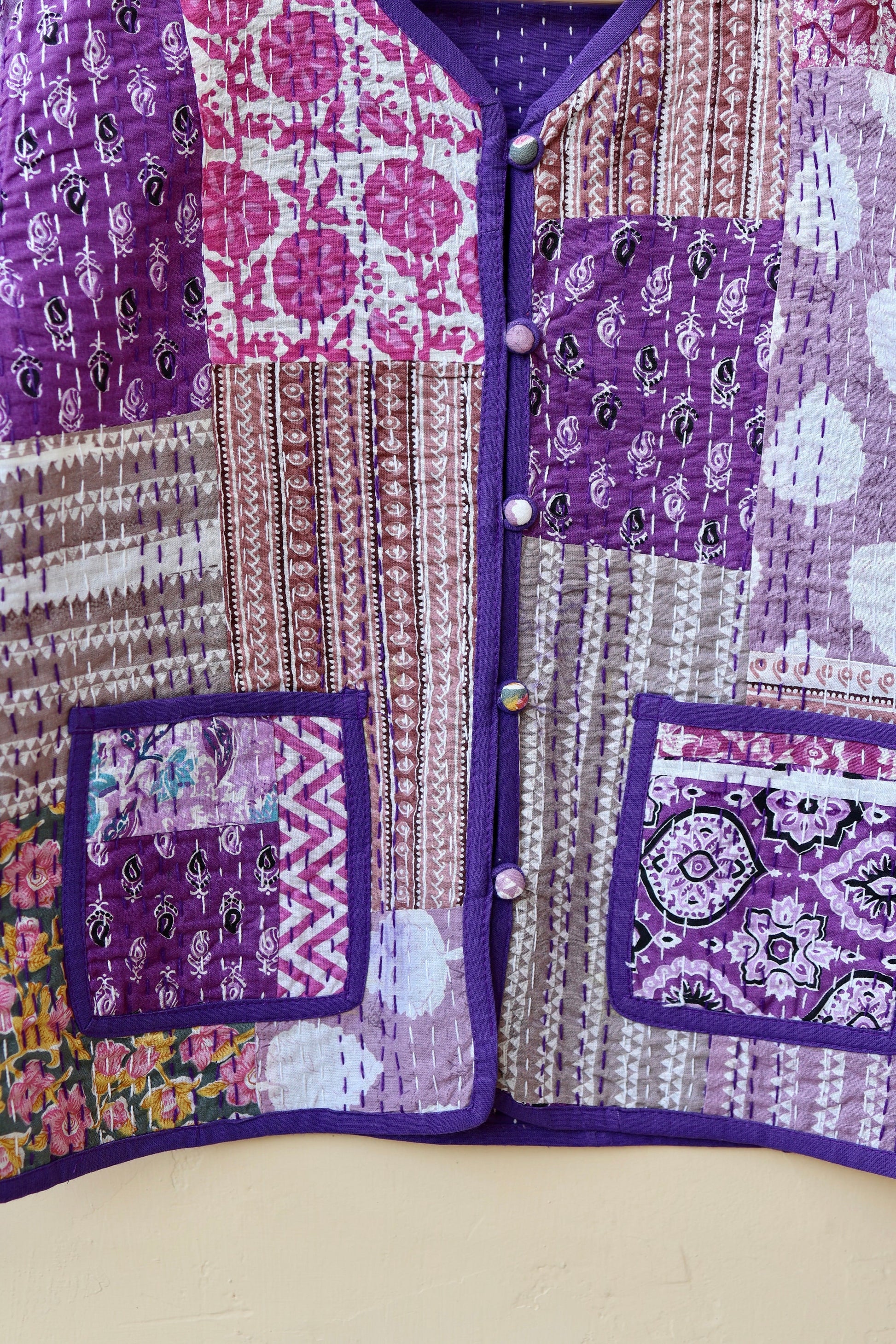 Indian Handmade Purple Kantha Patchwork Quilted Jacket, Stylish Patchwork Women's Coat, Winter Spring Reversible Kantha Jacket for Her