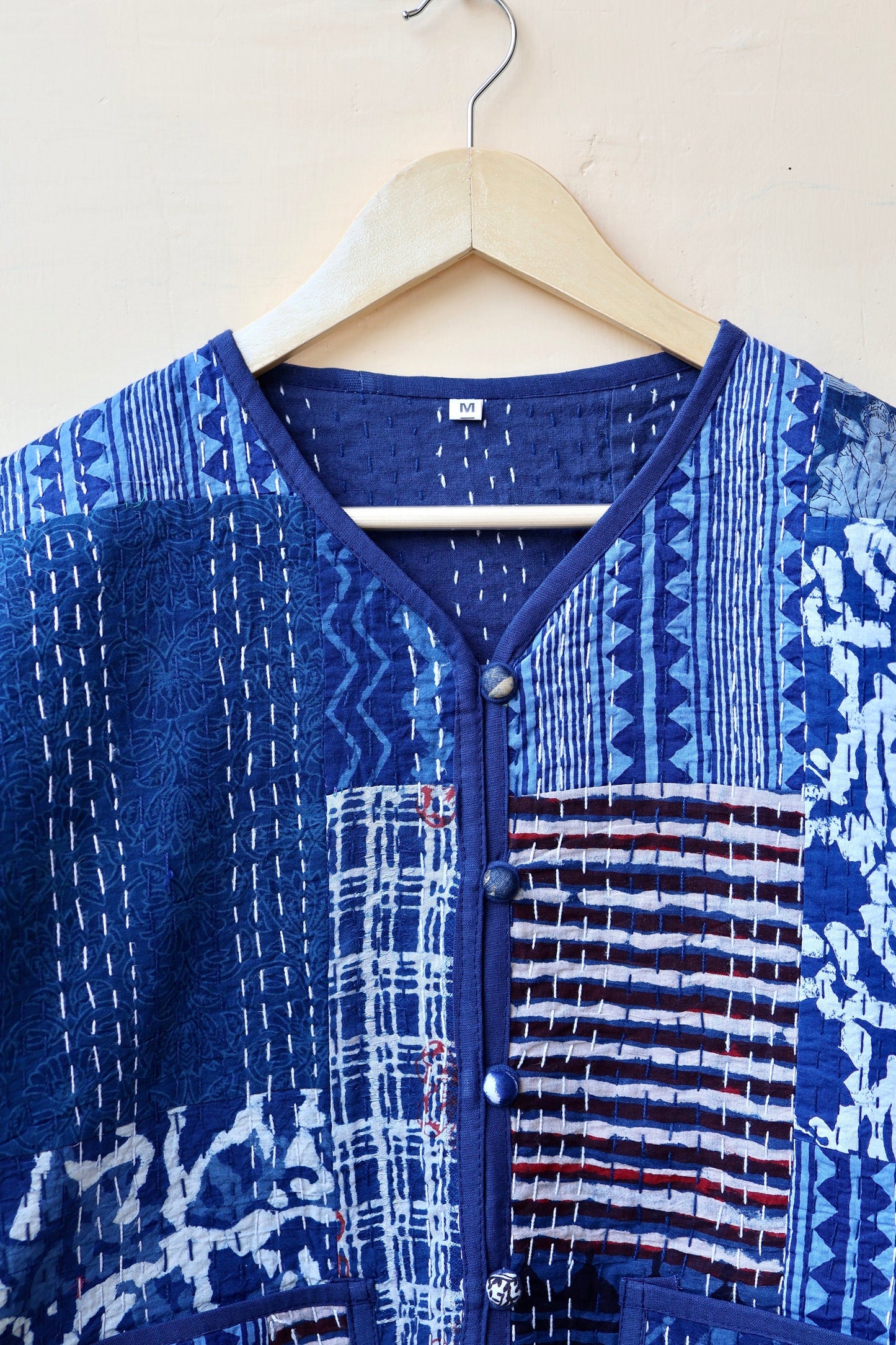 Patchwork Kantha Quilted Jacket, Indian Handmade Stylish Blue Patchwork Women's Coat, Winter Spring Reversible Kantha Jacket for Her