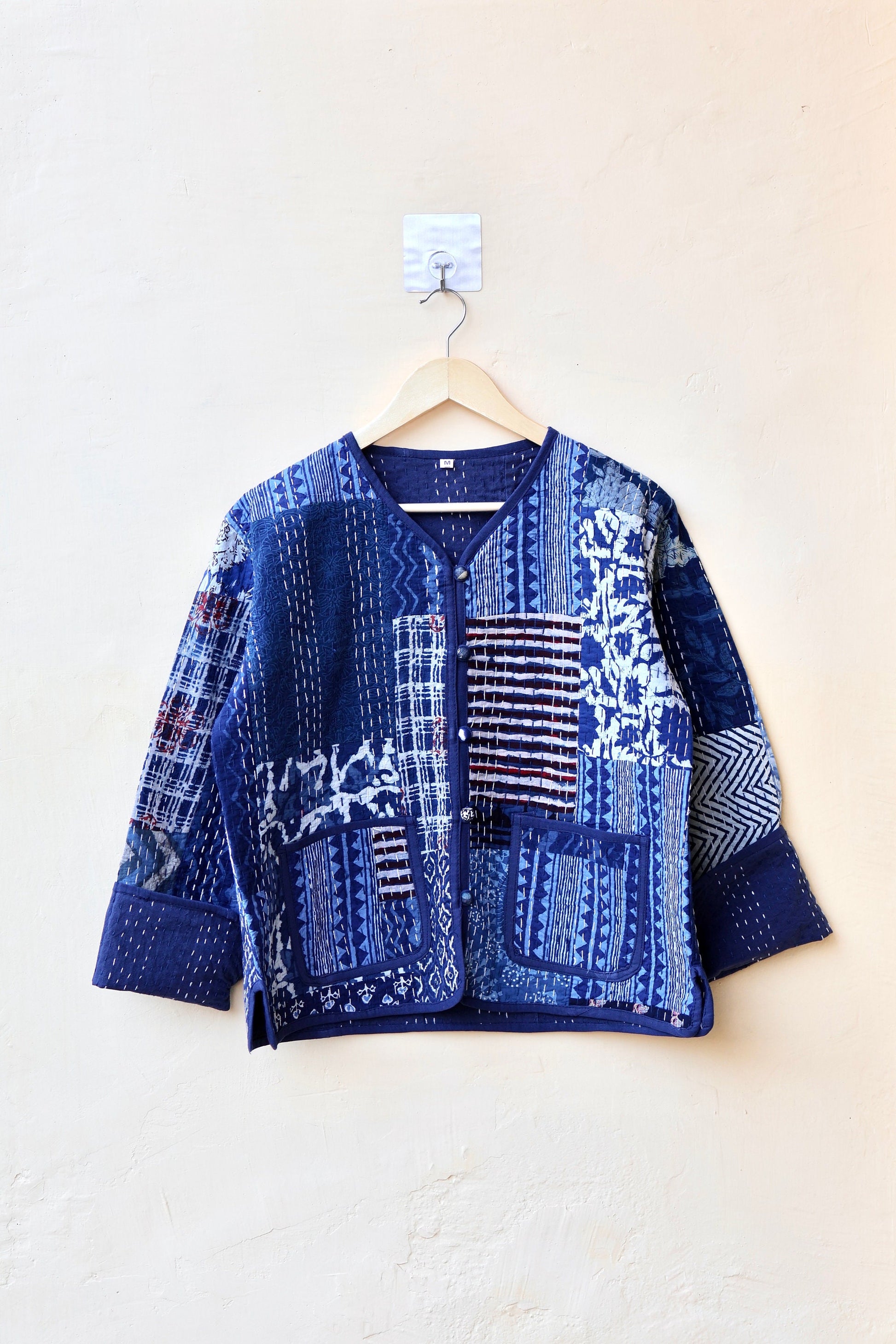 Patchwork Kantha Quilted Jacket, Indian Handmade Stylish Blue Patchwork Women's Coat, Winter Spring Reversible Kantha Jacket for Her