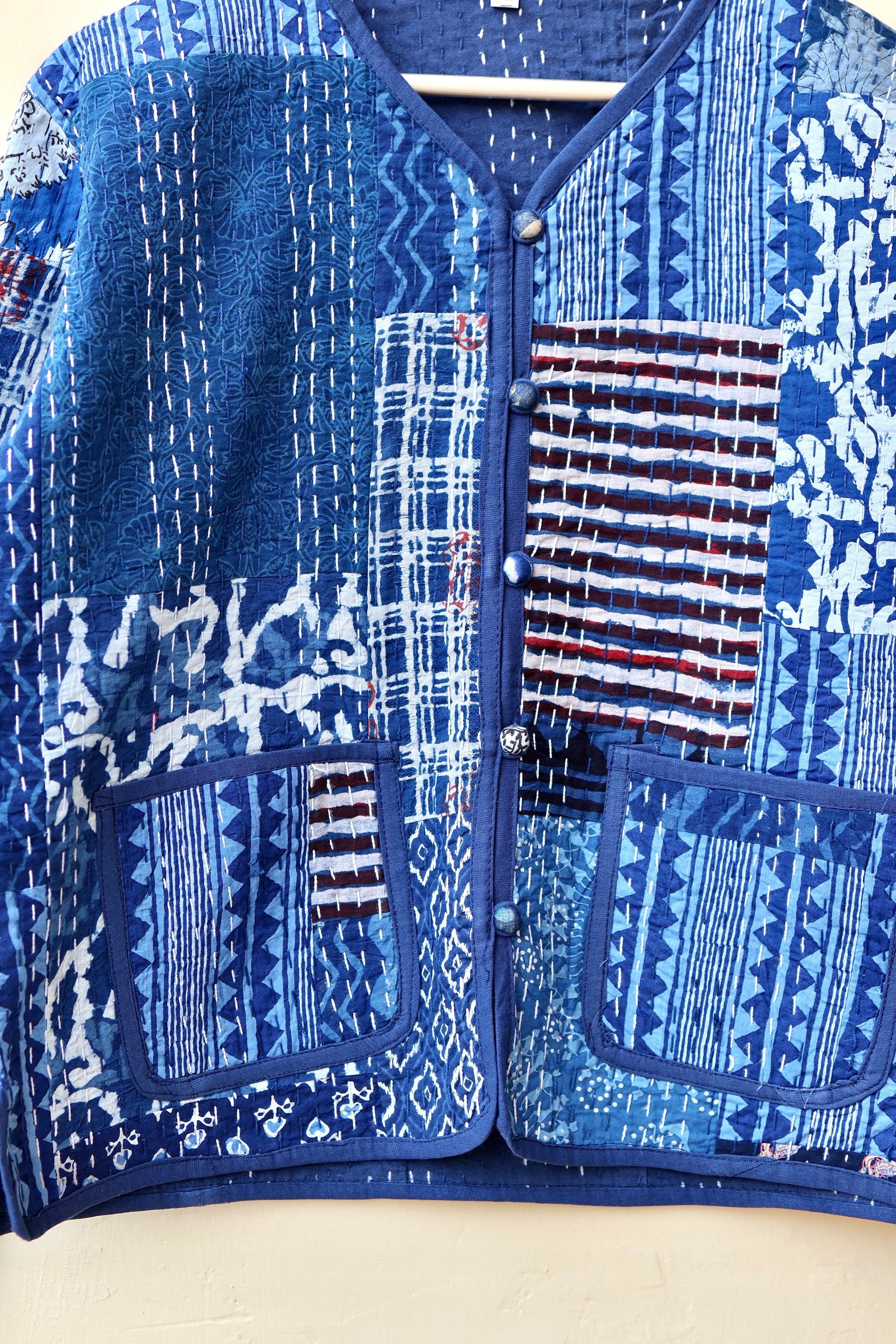 Patchwork Kantha Quilted Jacket, Indian Handmade Stylish Blue Patchwork Women's Coat, Winter Spring Reversible Kantha Jacket for Her
