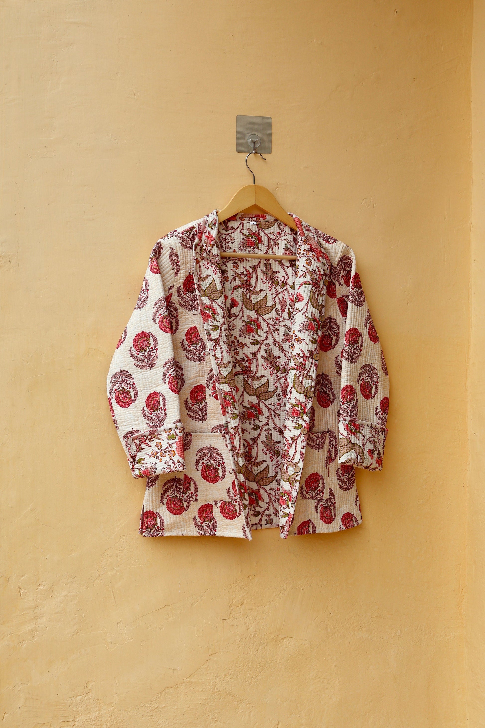 Cotton Handmade Kantha Jacket, Womens Clothing Quilted Reversible Coat, Kimono Indian Hand Printed Vintage Boho Vest Valentines Gift for Her