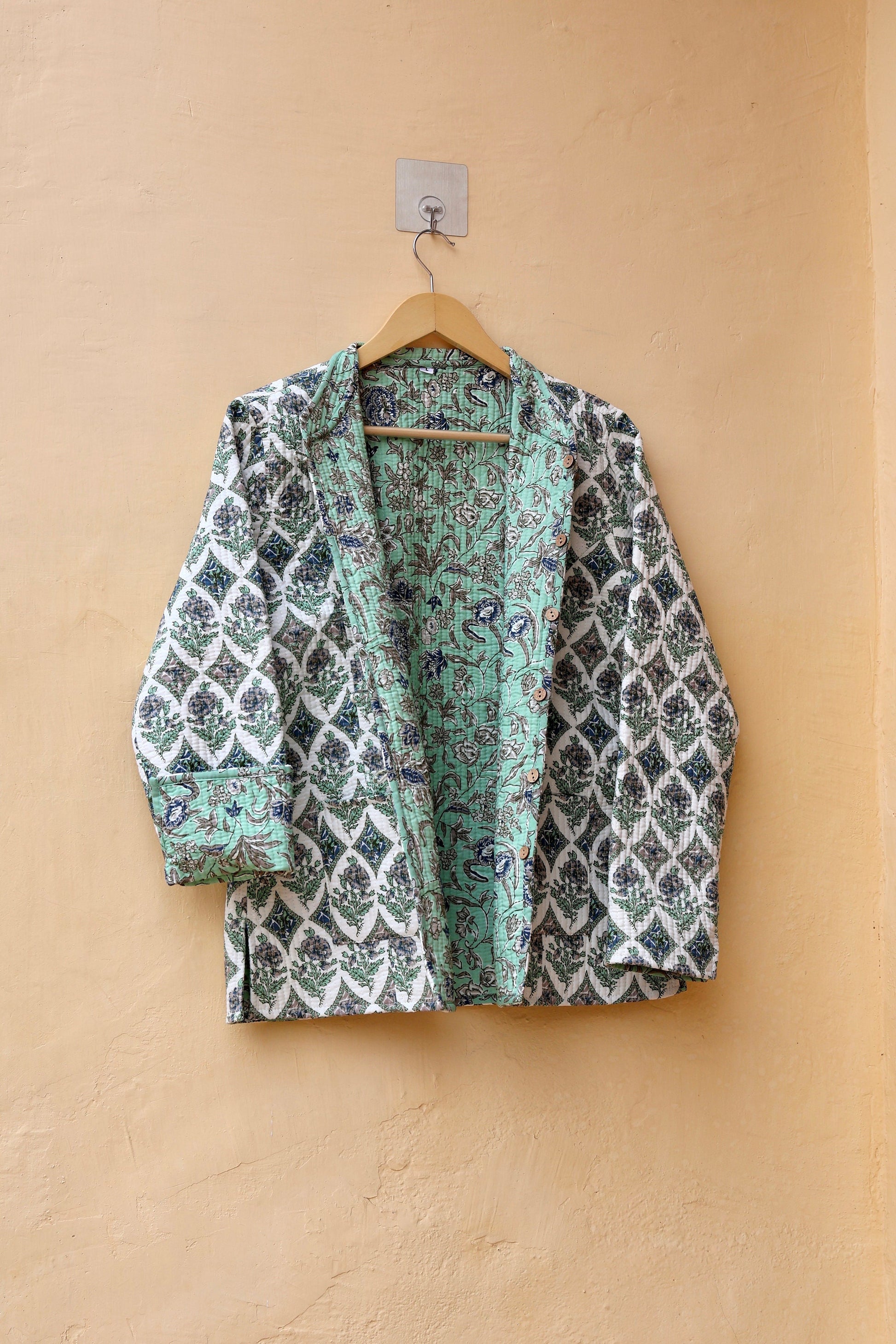 Cotton Handmade Kantha Jacket, Womens Clothing Quilted Reversible Coat, Kimono Indian Hand Printed Vintage Boho Vest Valentines Gift for Her