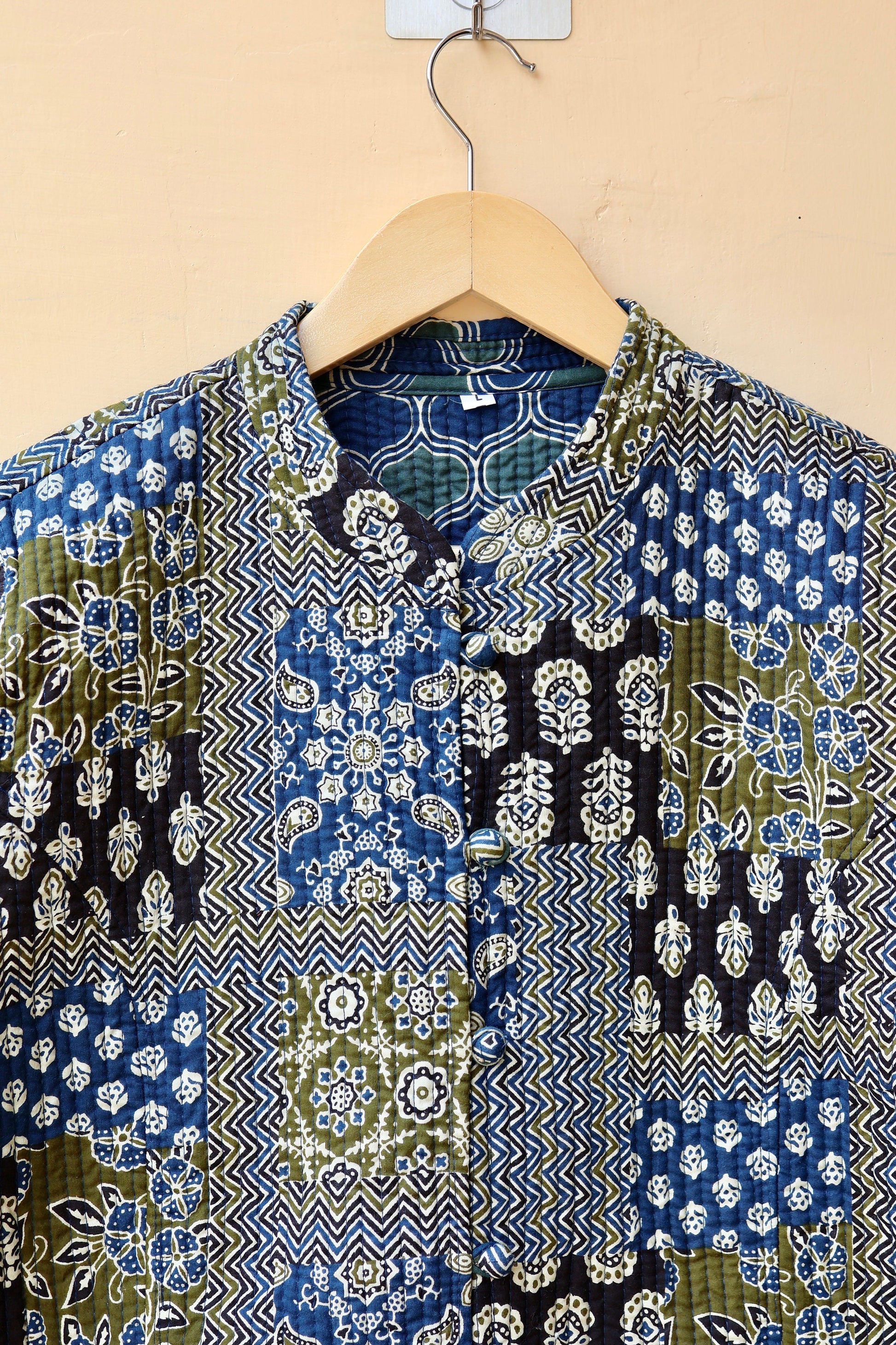 Indian Hand Block Printed Cotton Quilted Jacket, Kantha Kimono Robe, Vintage Boho Kimono Style Women's Coat, Mother's Day Gift for her