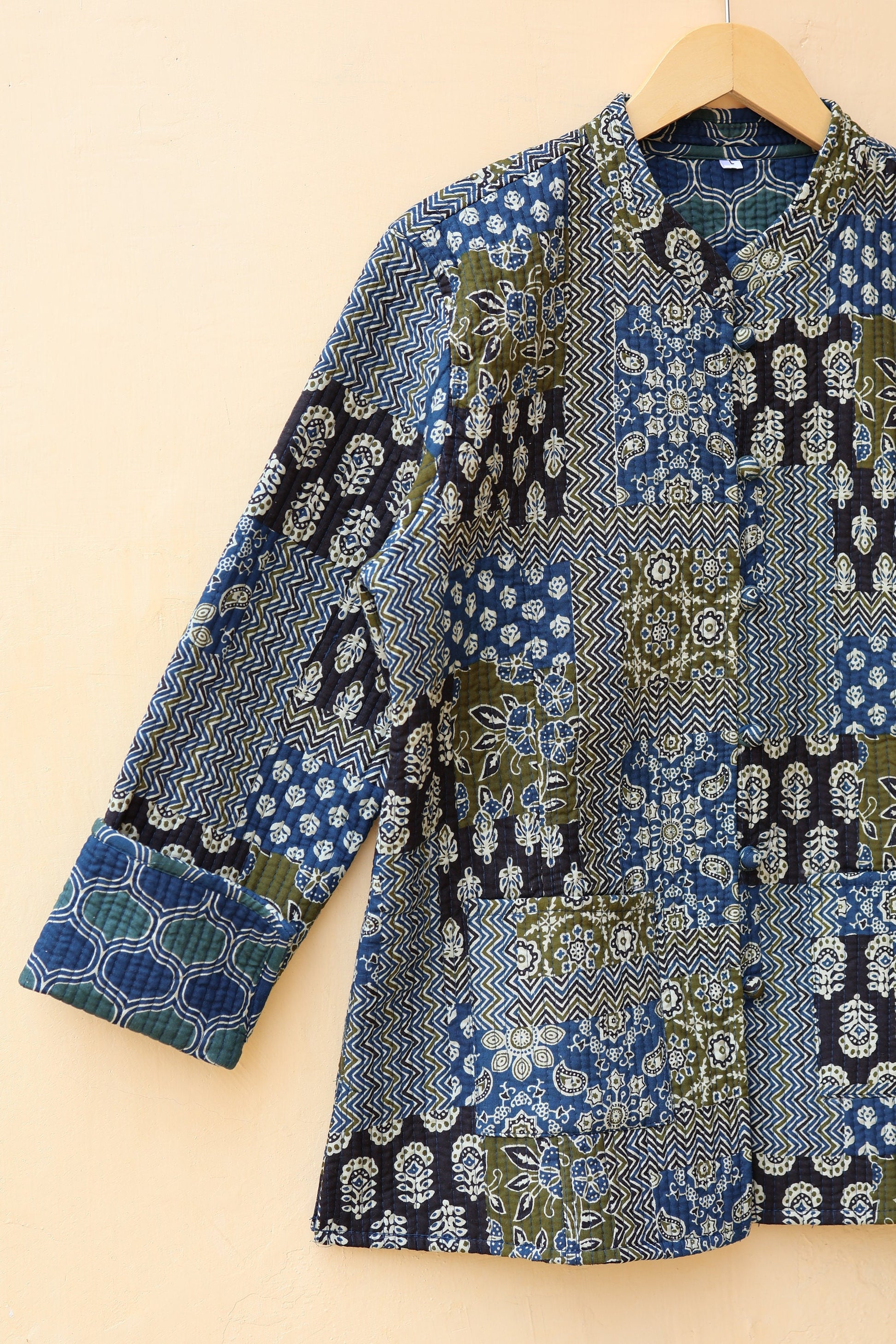 Indian Hand Block Printed Cotton Quilted Jacket, Kantha Kimono Robe, Vintage Boho Kimono Style Women's Coat, Mother's Day Gift for her