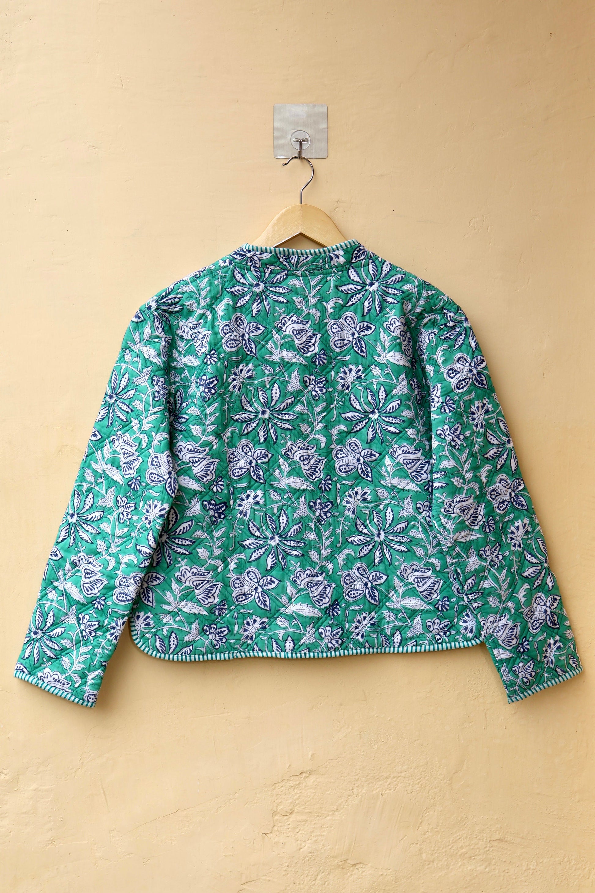 Indian Handmade Quilted Cotton Jacket, Trendy Hand Block Printed Kantha Coat, Women's V-Neck Boho Kimono, Spring Gift for her