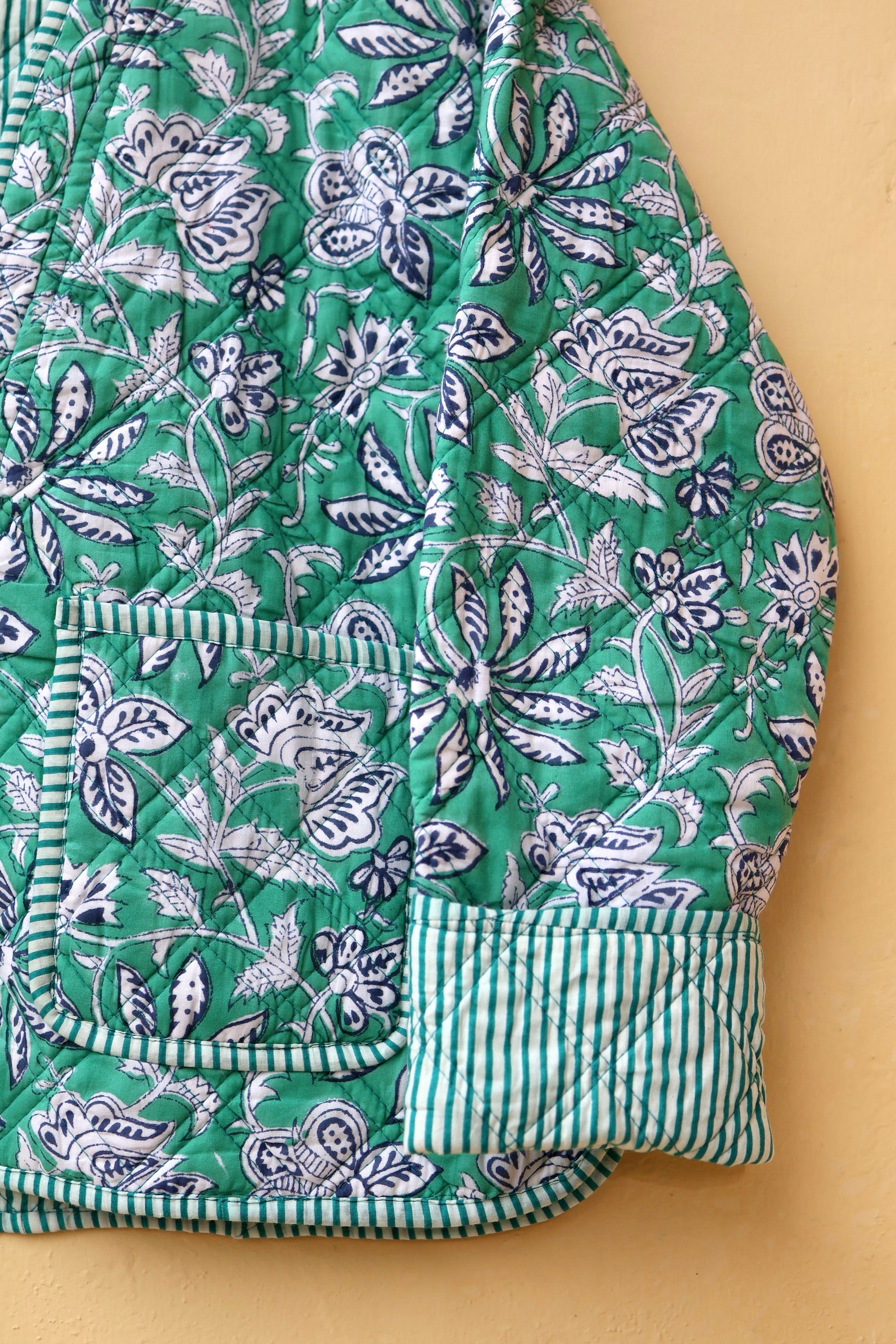 Indian Handmade Quilted Cotton Jacket, Trendy Hand Block Printed Kantha Coat, Women's V-Neck Boho Kimono, Spring Gift for her