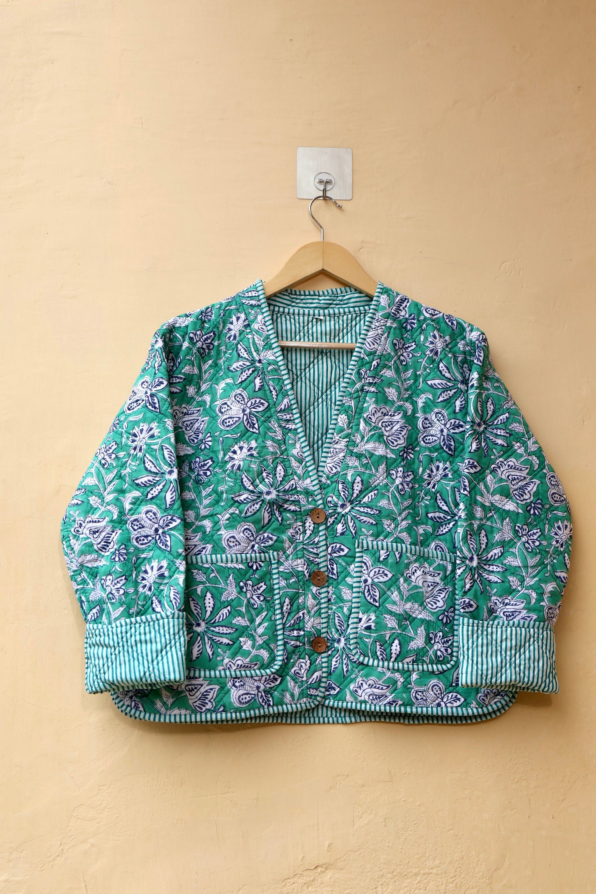 Indian Handmade Quilted Cotton Jacket, Trendy Hand Block Printed Kantha Coat, Women's V-Neck Boho Kimono, Spring Gift for her