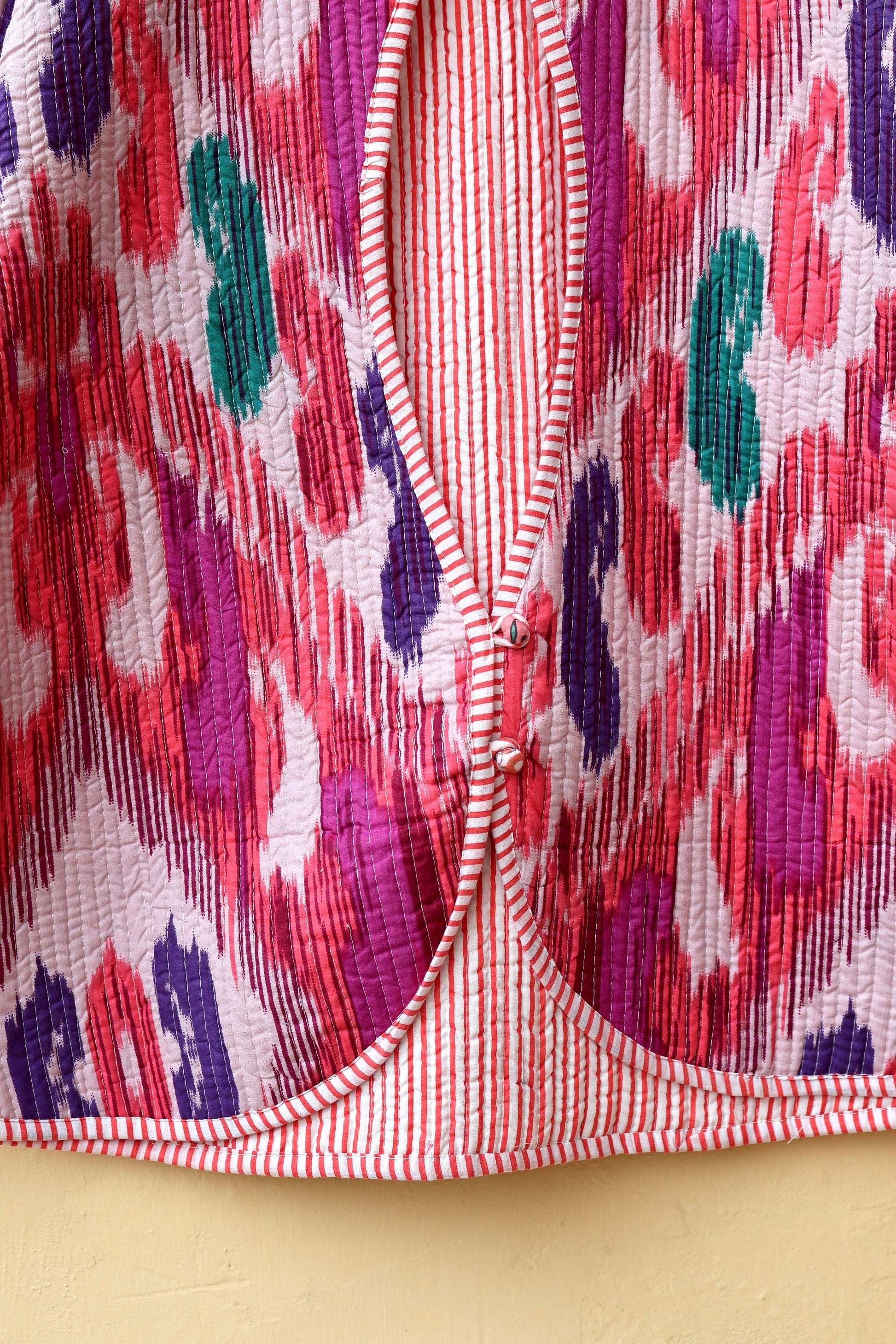 Indian Handmade Quilted Cotton Jacket, Trendy Hand Block Printed Kantha Coat, Women's V-Neck Boho Kimono, Spring Gift for her