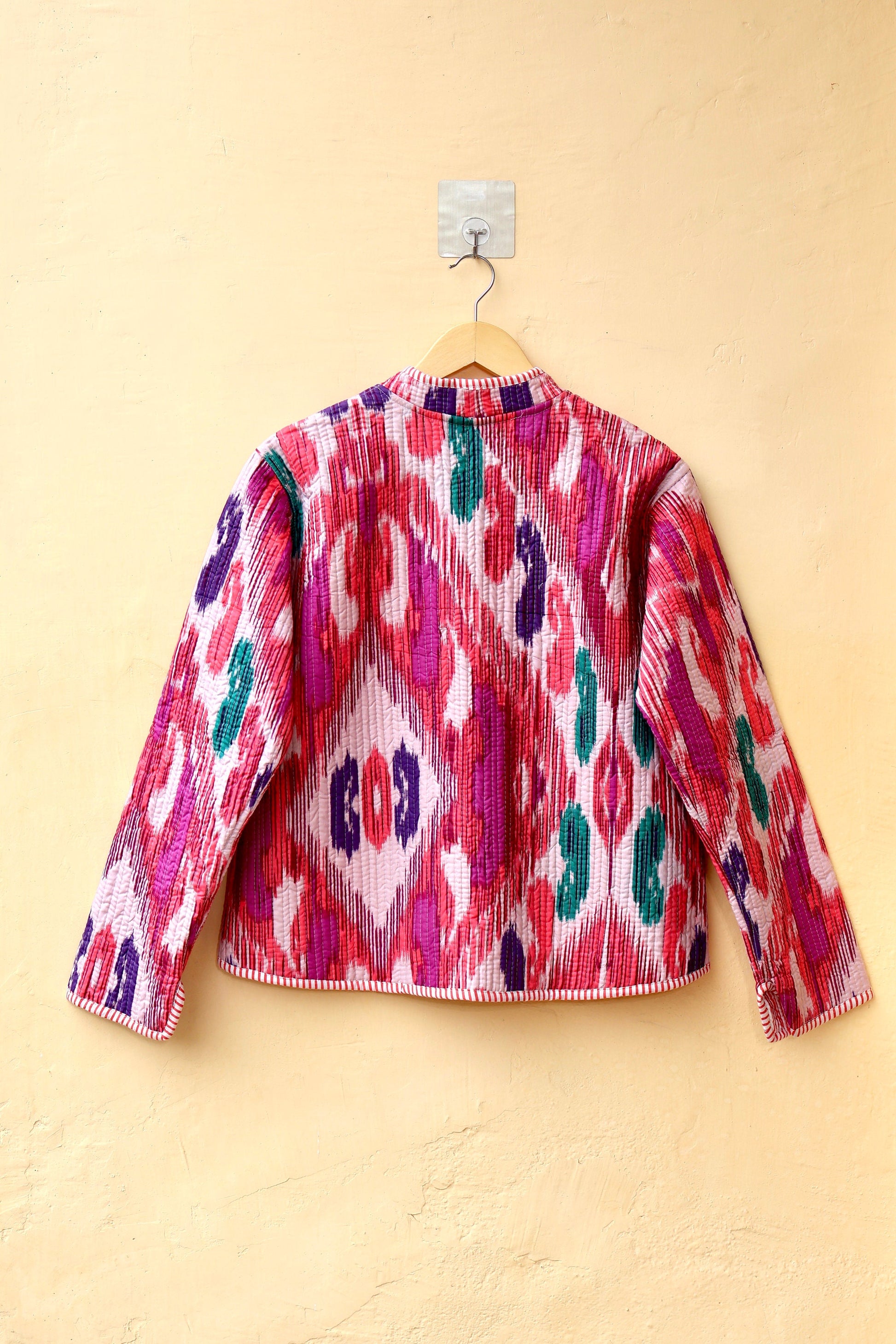 Indian Handmade Quilted Cotton Jacket, Trendy Hand Block Printed Kantha Coat, Women's V-Neck Boho Kimono, Spring Gift for her
