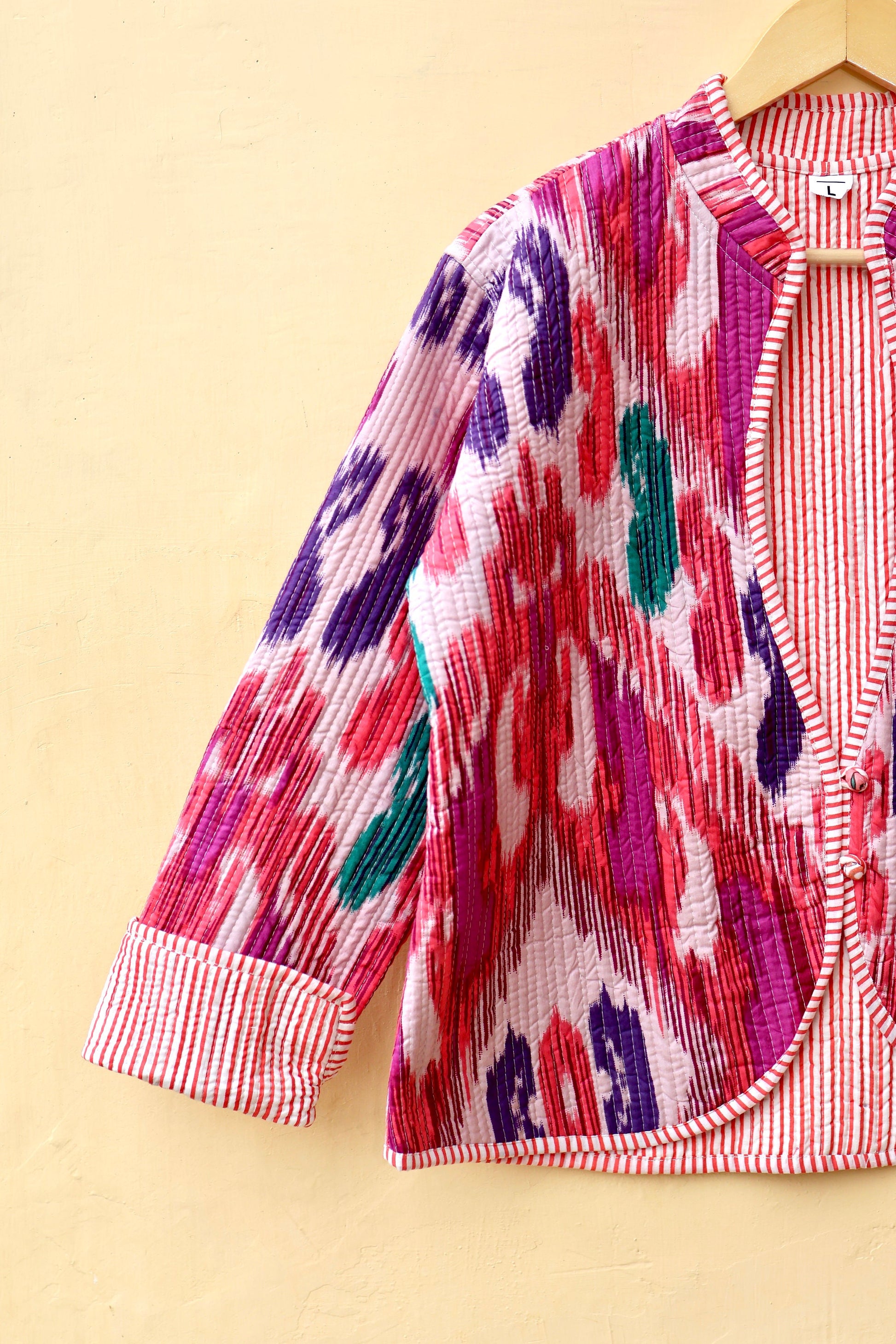 Indian Handmade Quilted Cotton Jacket, Trendy Hand Block Printed Kantha Coat, Women's V-Neck Boho Kimono, Spring Gift for her