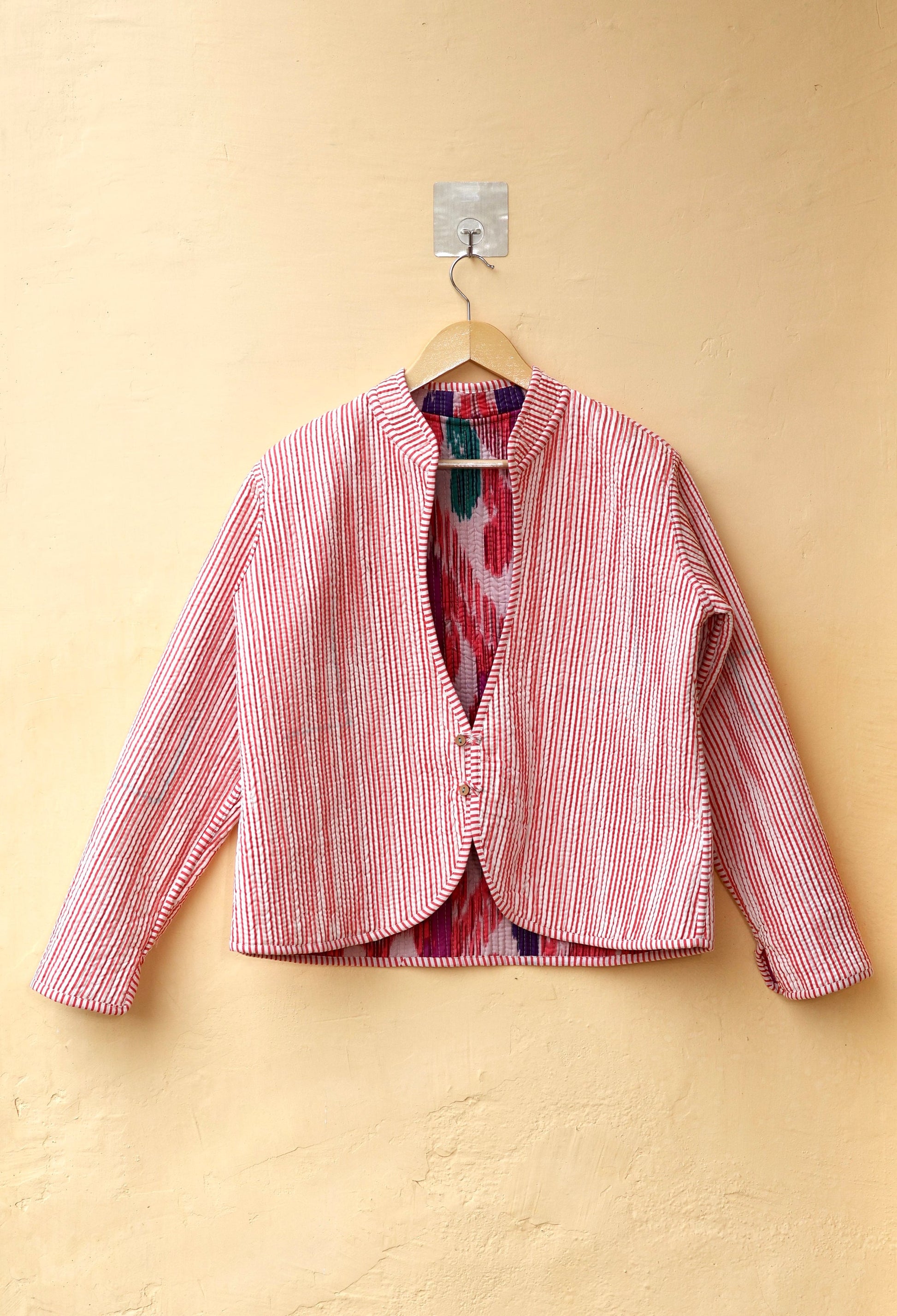 Indian Handmade Quilted Cotton Jacket, Trendy Hand Block Printed Kantha Coat, Women's V-Neck Boho Kimono, Spring Gift for her