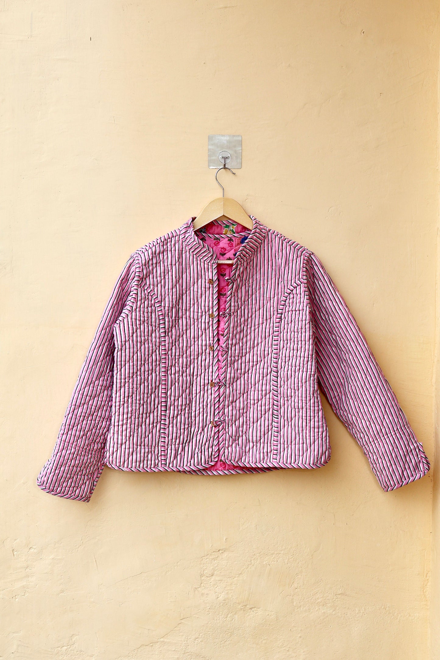 Indian Handmade Quilted Cotton Jacket Pink Patchwork Women's Reversible Coat, Kimono Vintage Bohemian Jacket, Spring Style Gift for Her