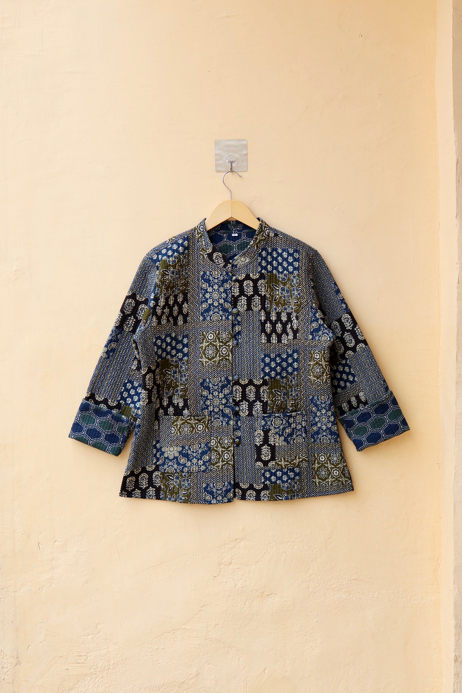 Indian Hand Block Printed Cotton Quilted Jacket, Kantha Kimono Robe, Vintage Boho Kimono Style Women's Coat, Mother's Day Gift for her