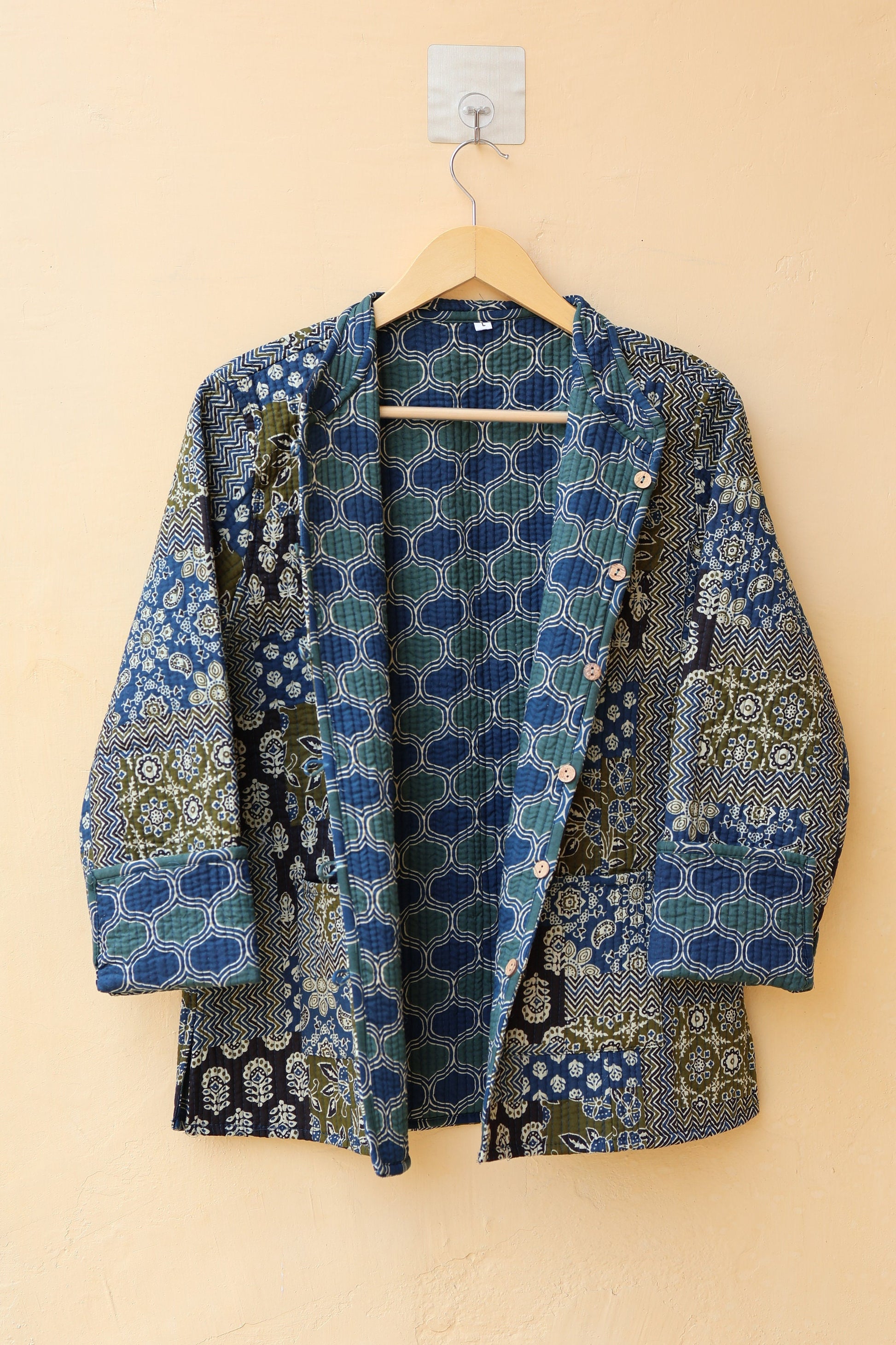 Indian Hand Block Printed Cotton Quilted Jacket, Kantha Kimono Robe, Vintage Boho Kimono Style Women's Coat, Mother's Day Gift for her