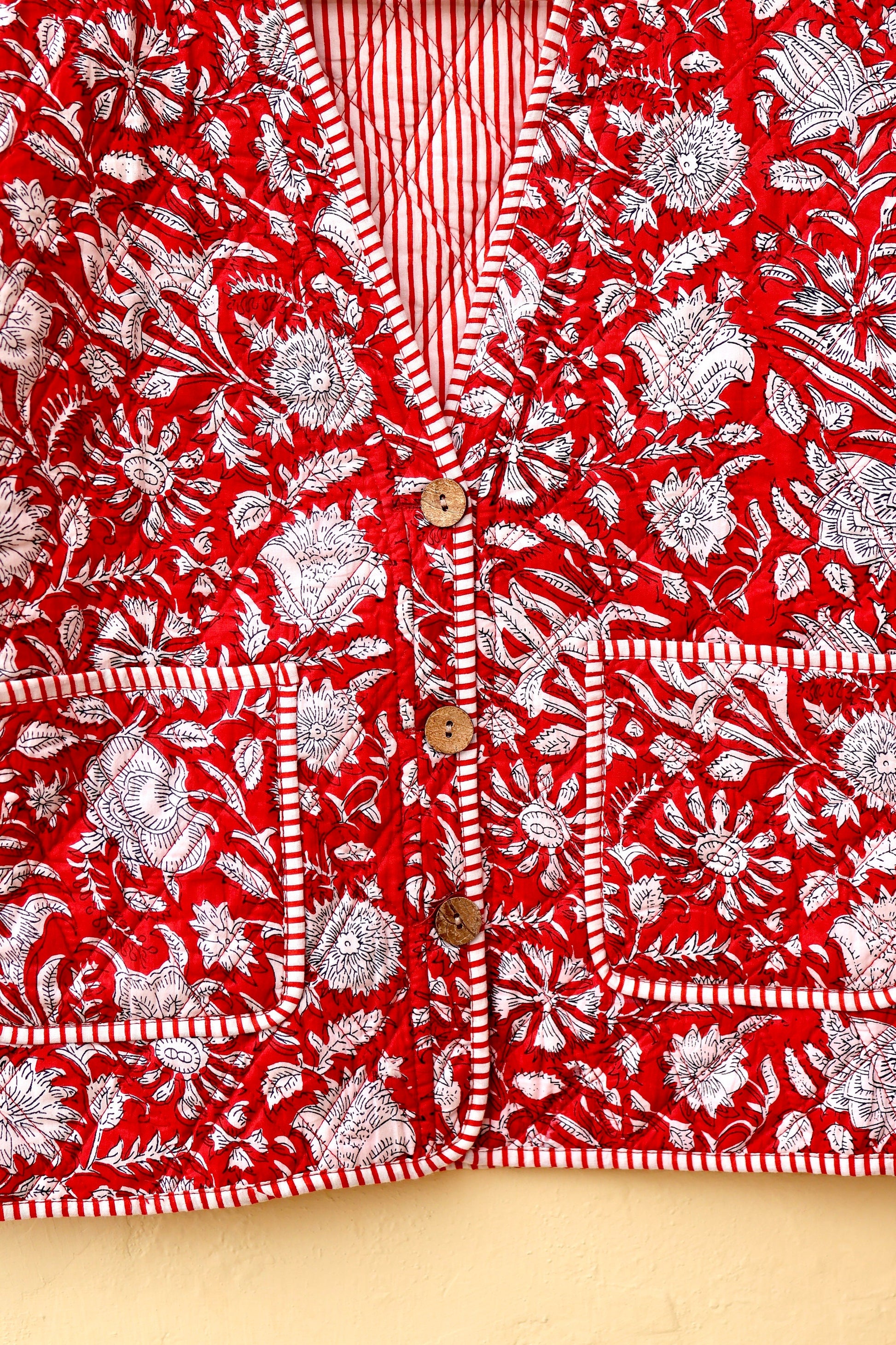 Cotton Quilted Jacket V-Neck New Style Kantha Jacket Hand Block Print Floral Indian Womens Clothing Coat, Boho Jacket Valentine Gift for Her