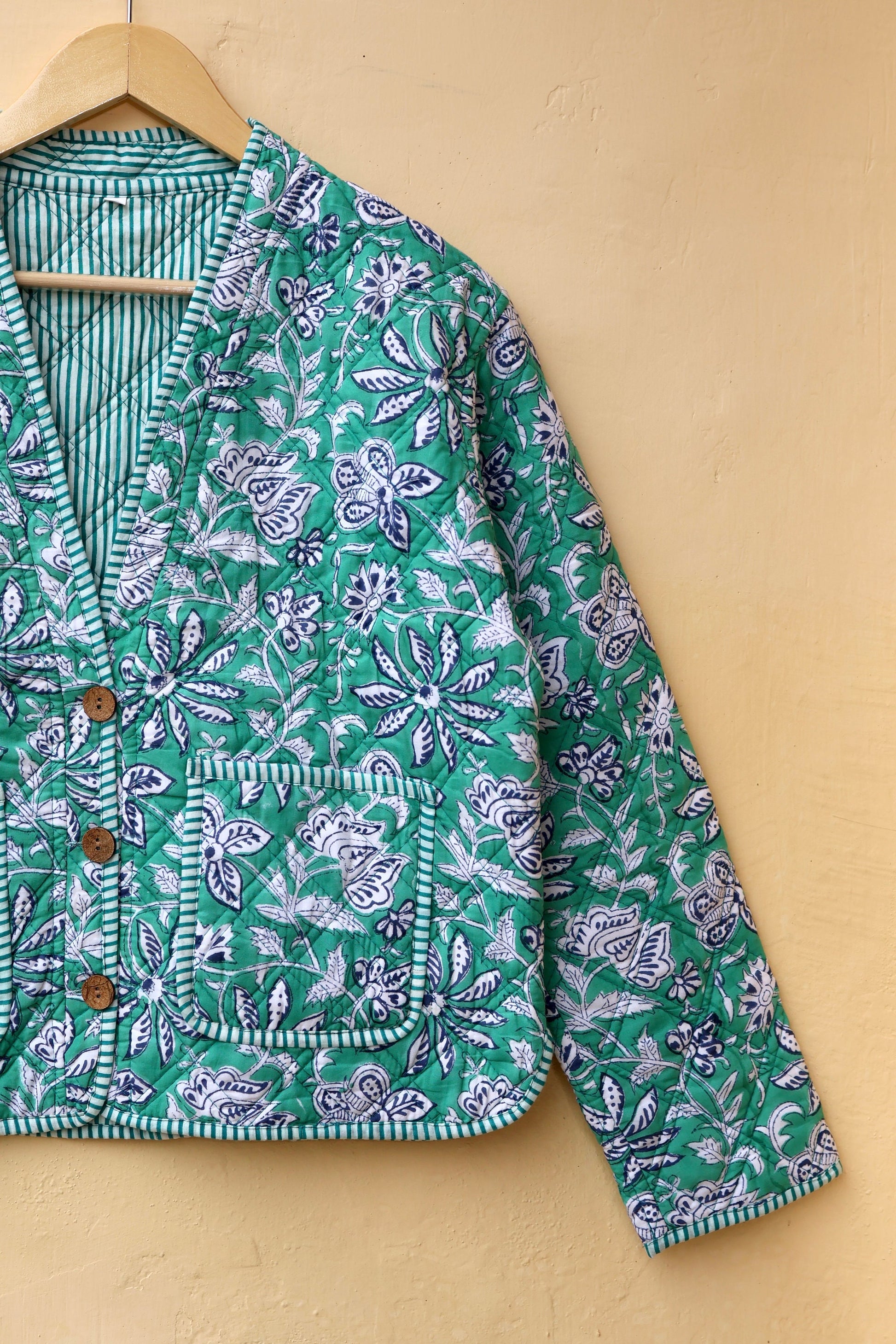 Indian Handmade Quilted Cotton Jacket, Trendy Hand Block Printed Kantha Coat, Women's V-Neck Boho Kimono, Spring Gift for her