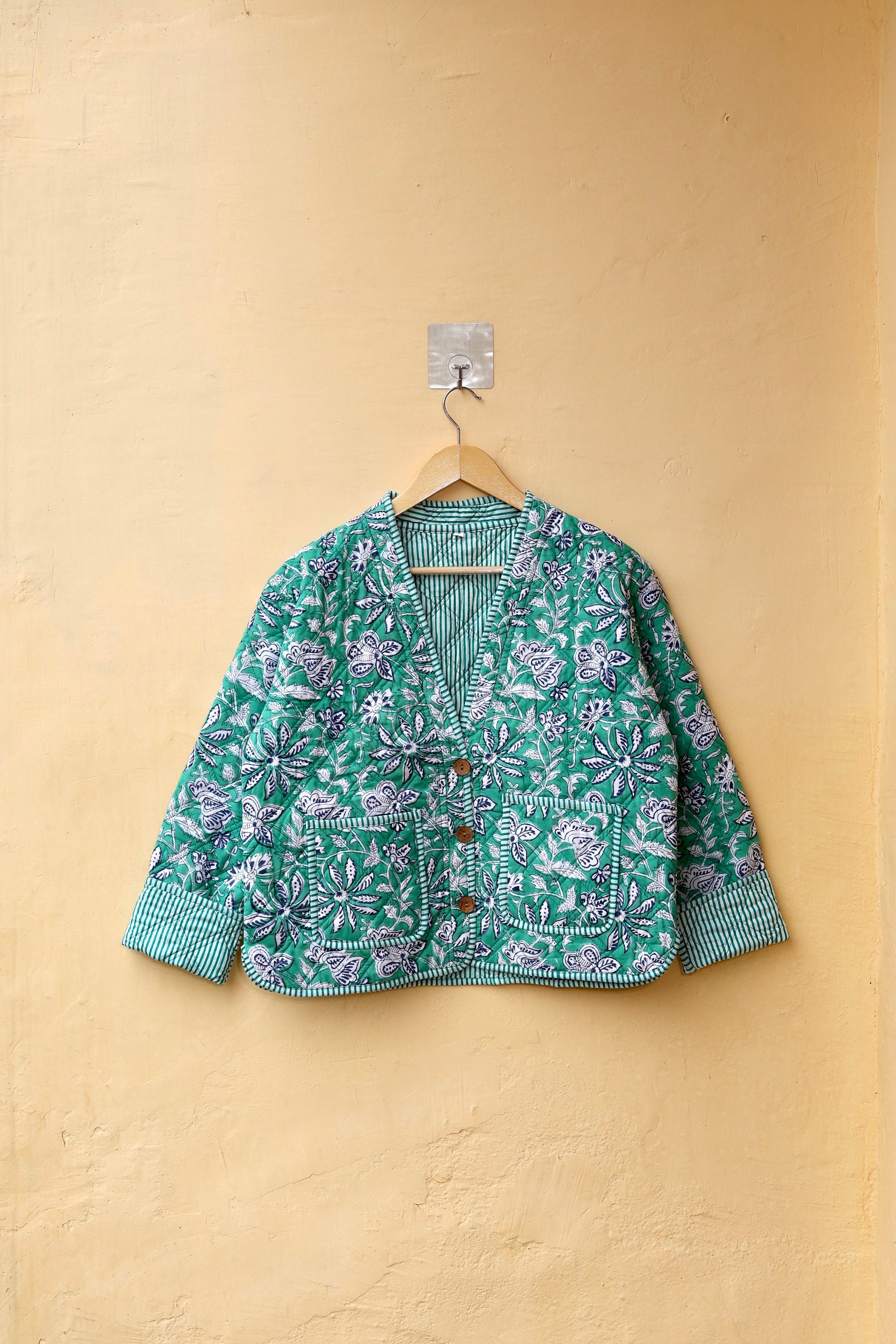 Indian Handmade Quilted Cotton Jacket, Trendy Hand Block Printed Kantha Coat, Women's V-Neck Boho Kimono, Spring Gift for her