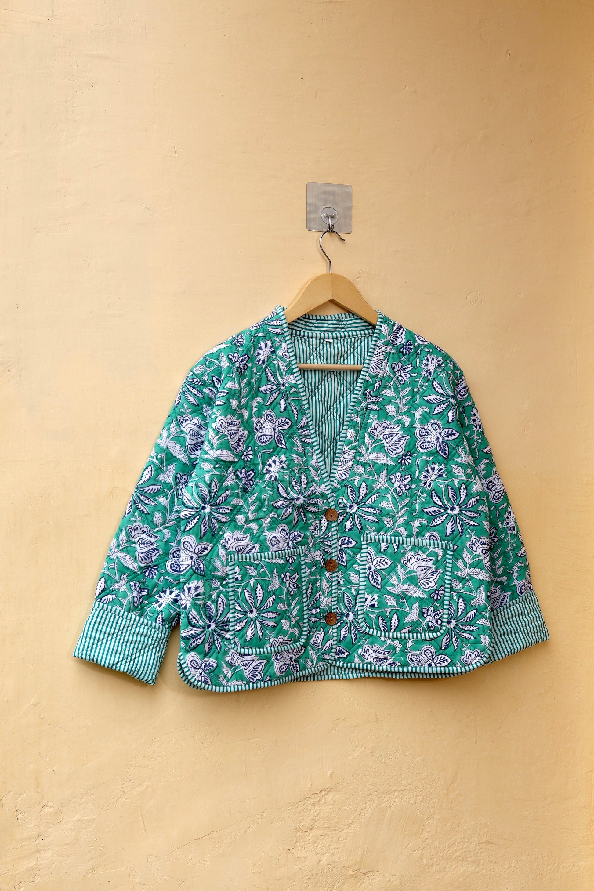 Indian Handmade Quilted Cotton Jacket, Trendy Hand Block Printed Kantha Coat, Women's V-Neck Boho Kimono, Spring Gift for her