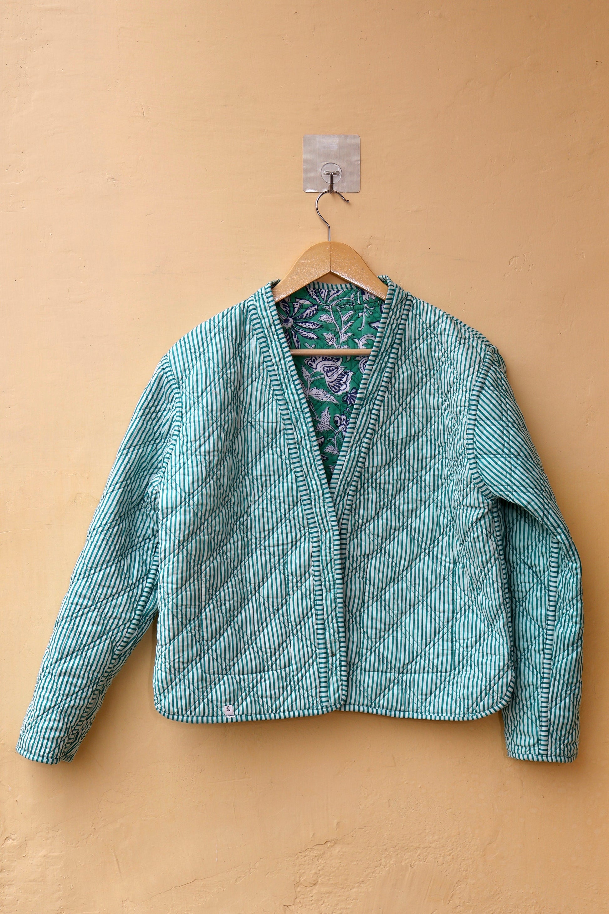 Indian Handmade Quilted Cotton Jacket, Trendy Hand Block Printed Kantha Coat, Women's V-Neck Boho Kimono, Spring Gift for her
