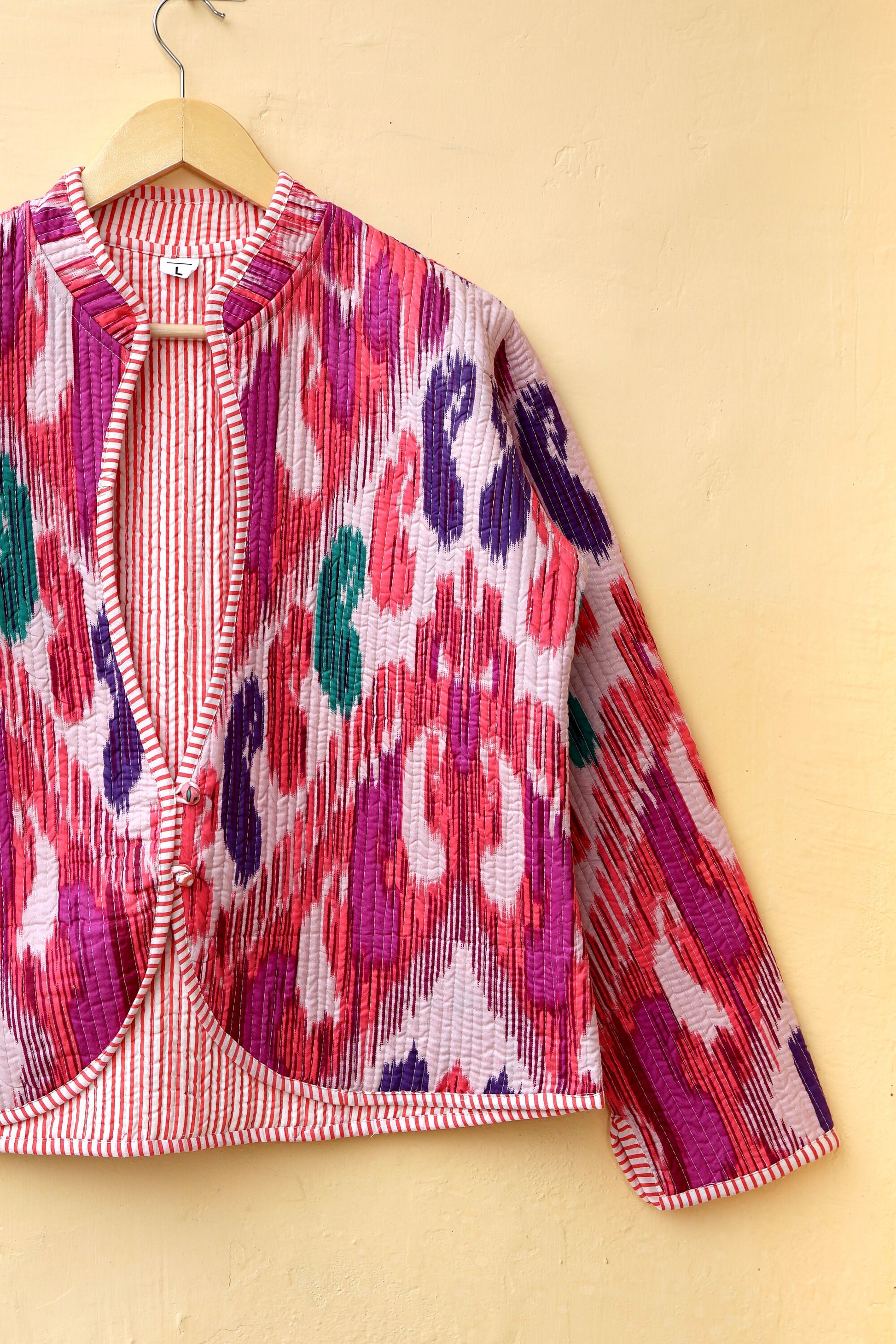 Indian Handmade Quilted Cotton Jacket, Trendy Hand Block Printed Kantha Coat, Women's V-Neck Boho Kimono, Spring Gift for her