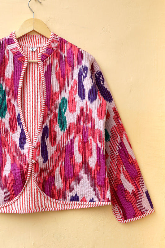 Indian Handmade Quilted Cotton Jacket, Trendy Hand Block Printed Kantha Coat, Women's V-Neck Boho Kimono, Spring Gift for her