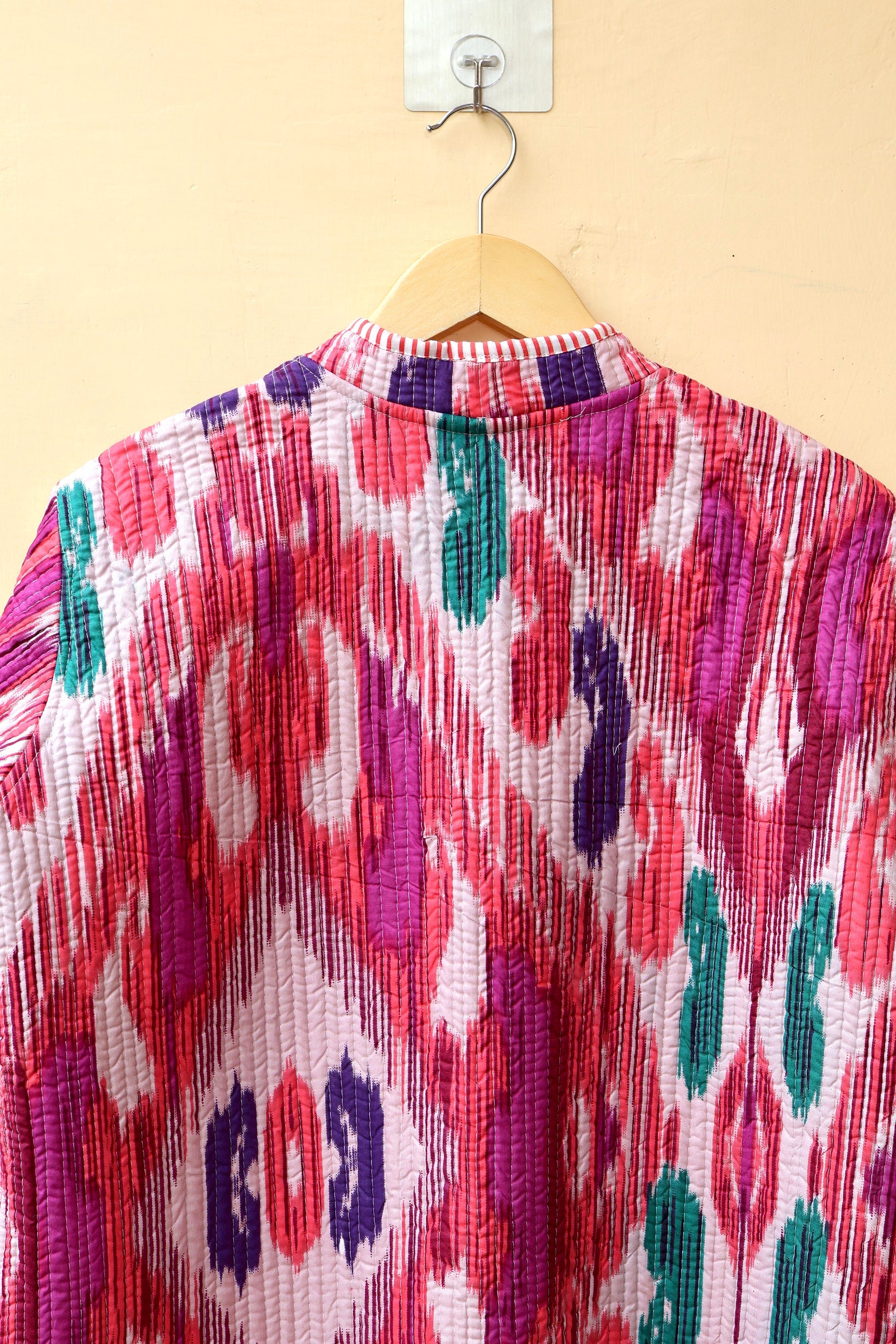 Indian Handmade Quilted Cotton Jacket, Trendy Hand Block Printed Kantha Coat, Women's V-Neck Boho Kimono, Spring Gift for her