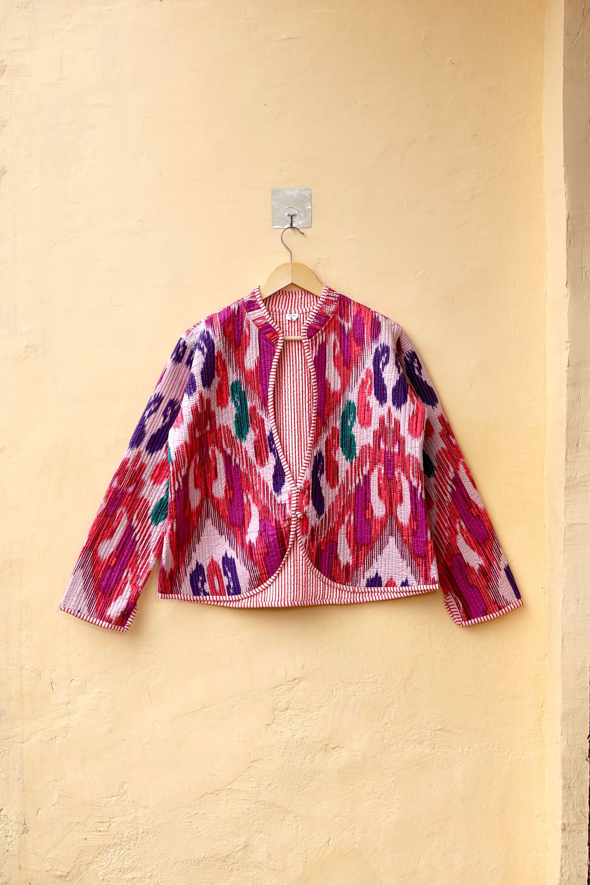 Indian Handmade Quilted Cotton Jacket, Trendy Hand Block Printed Kantha Coat, Women's V-Neck Boho Kimono, Spring Gift for her