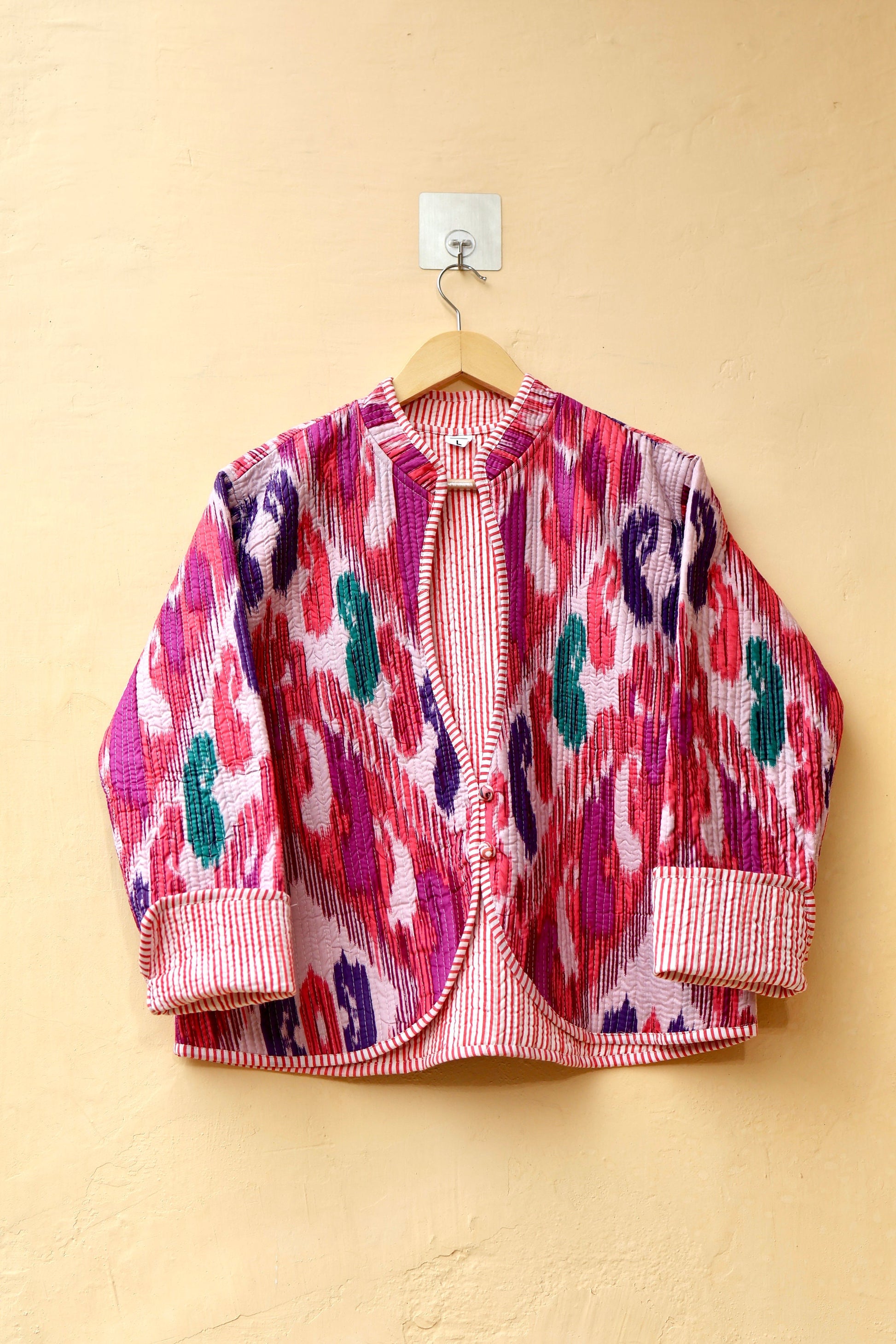 Indian Handmade Quilted Cotton Jacket, Trendy Hand Block Printed Kantha Coat, Women's V-Neck Boho Kimono, Spring Gift for her