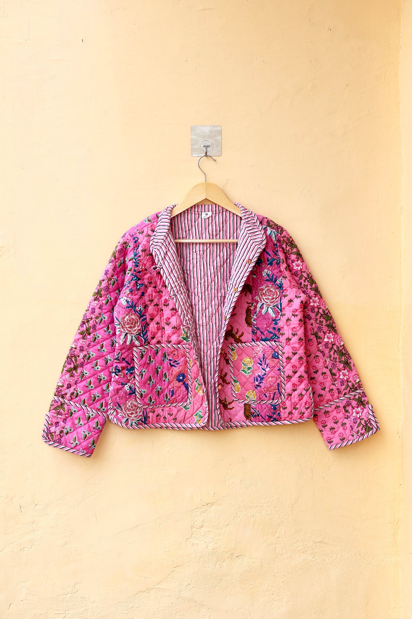 Indian Handmade Quilted Cotton Jacket Pink Patchwork Women's Reversible Coat, Kimono Vintage Bohemian Jacket, Spring Style Gift for Her