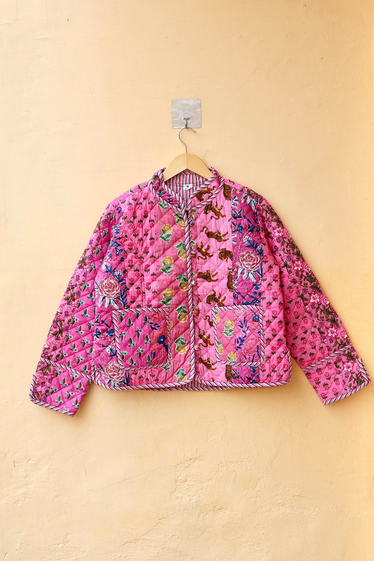 Indian Handmade Quilted Cotton Jacket Pink Patchwork Women's Reversible Coat, Kimono Vintage Bohemian Jacket, Spring Style Gift for Her