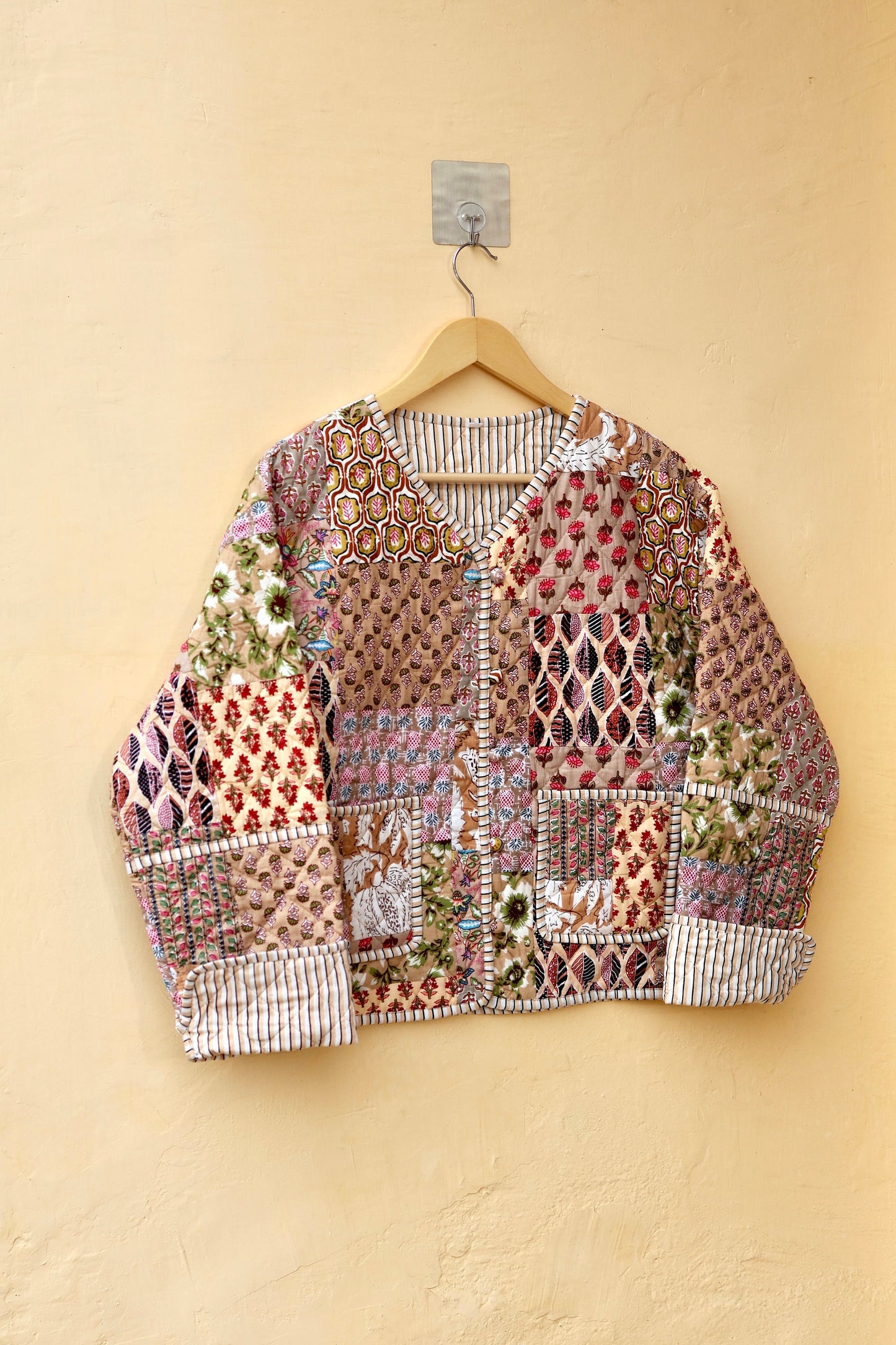 Indian Cotton Kantha Jacket, Vintage Patchwork Women’s Quilted Reversible Coat Kimono Block Printed Boho Style Spring Jacket, Gift for her